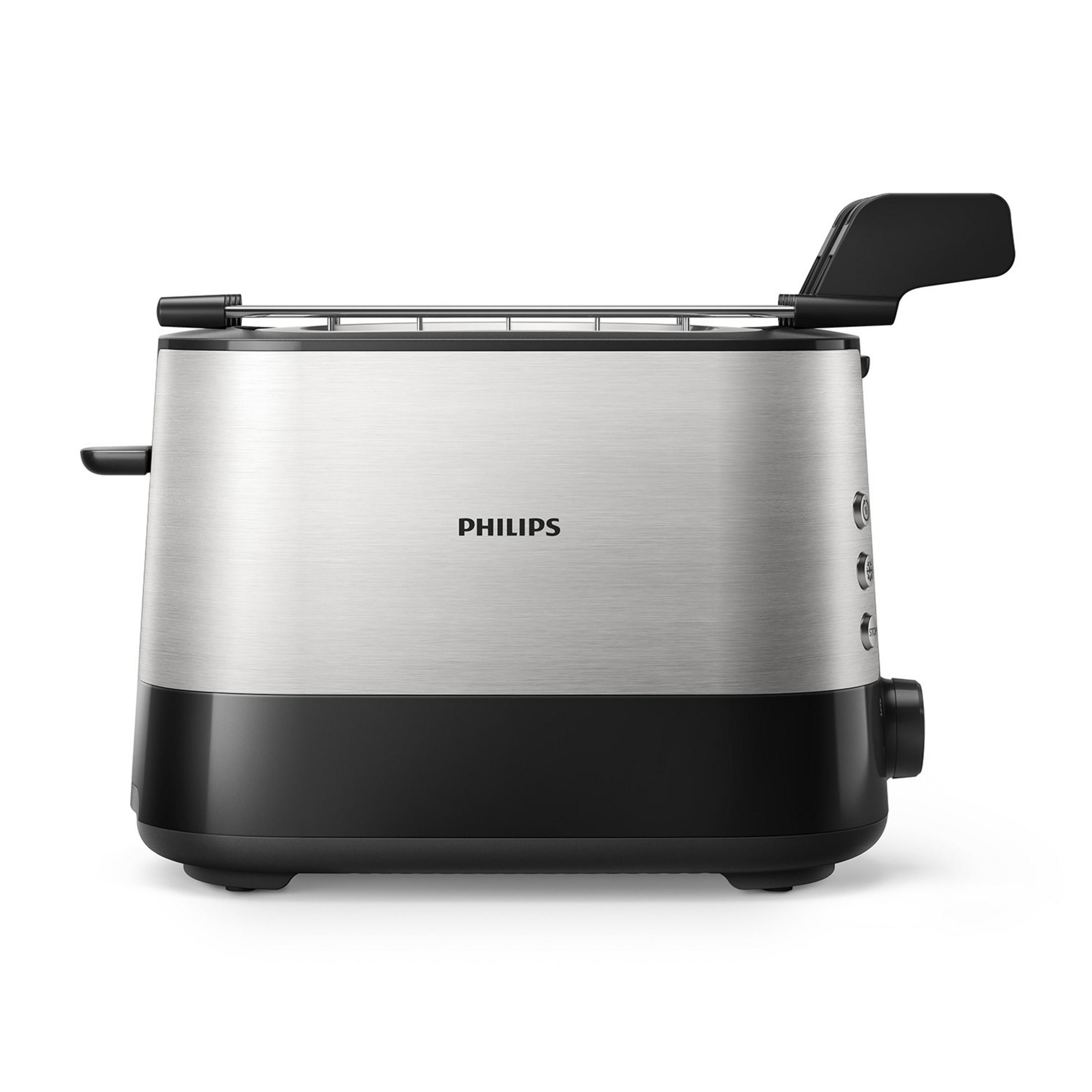 Srebrno-czarny toster Philips z pokrętłami i dźwigniami.