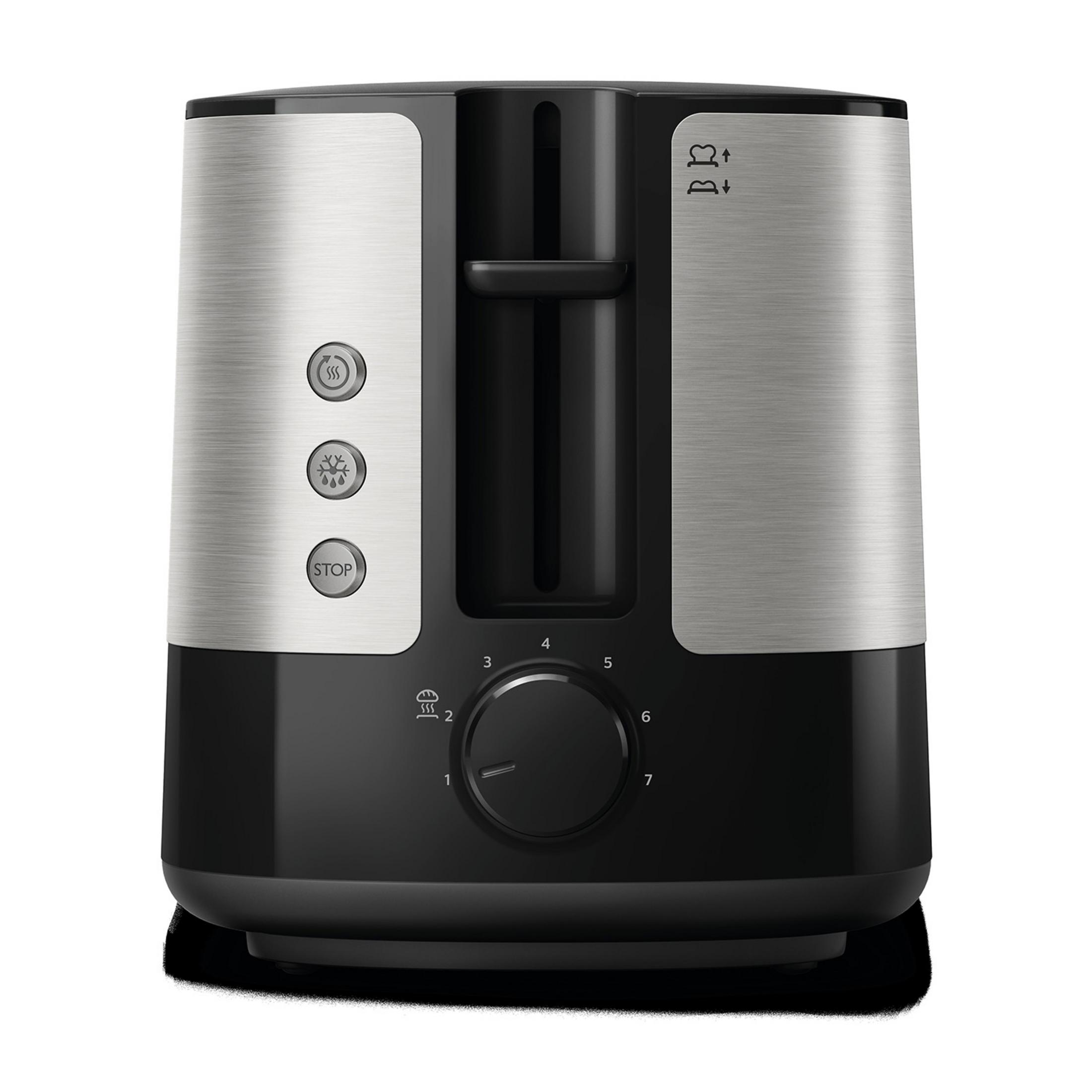 Srebrny i czarny toster z przyciskami i pokrętłem.