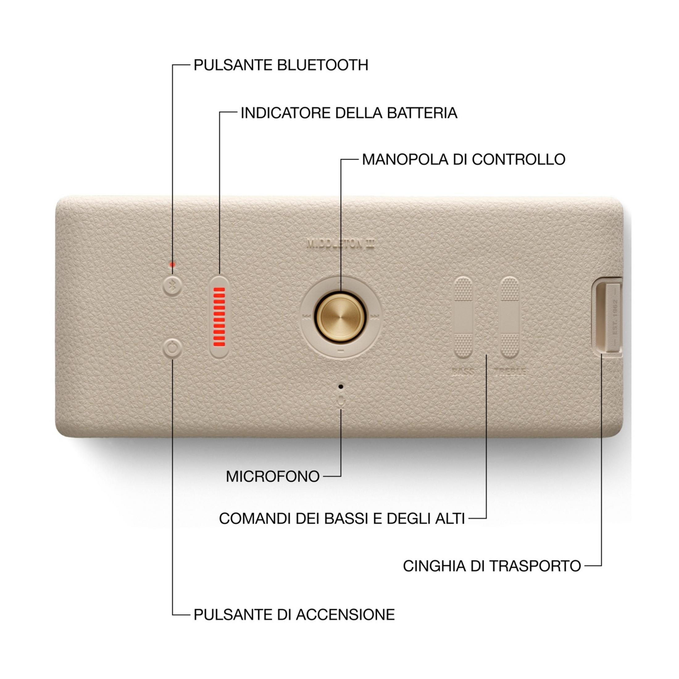 Beige Lautsprecher mit Bedienelementen und Beschriftungen.
