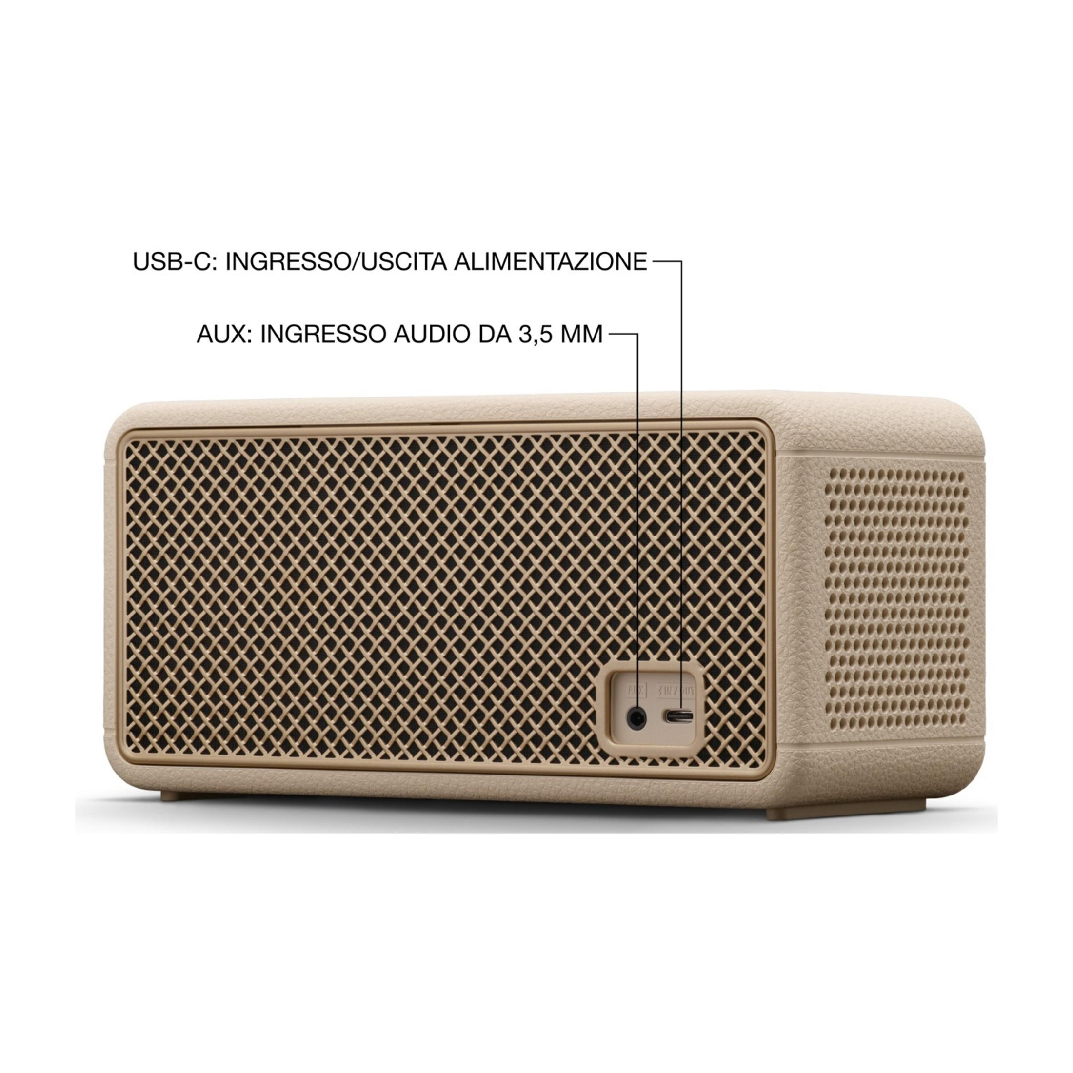 Beige Lautsprecher mit Stoffgitter, USB-C und AUX-Anschluss.