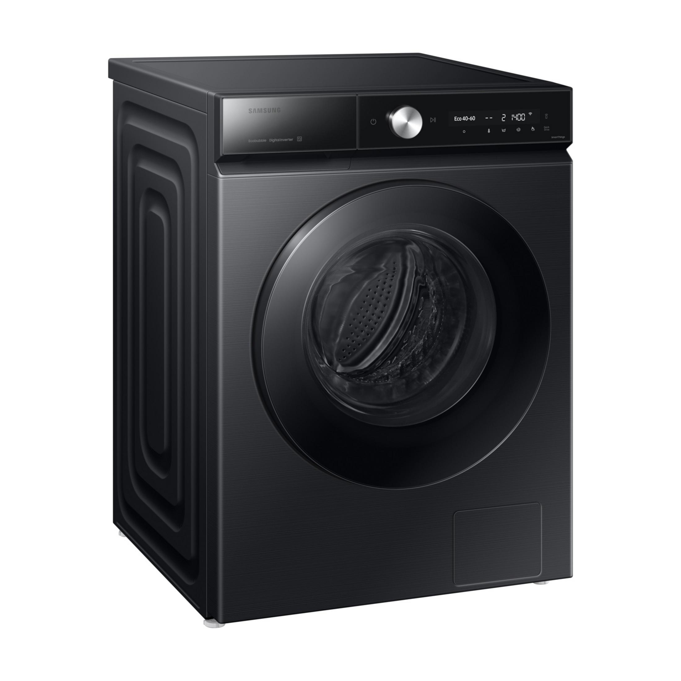 Czarna pralka Samsung ładowana od frontu z cyfrowym panelem.