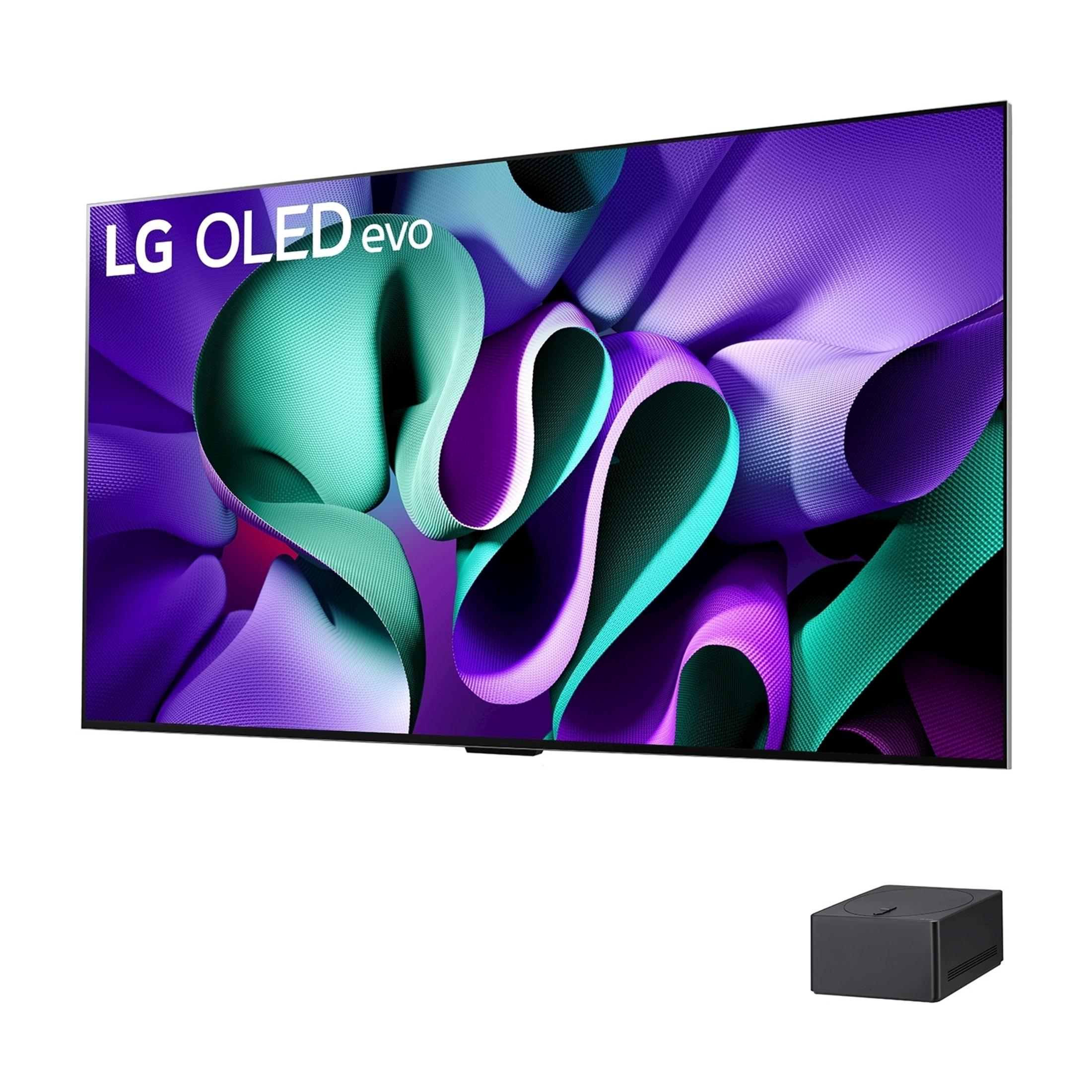 Una TV LG OLED evo con grafica astratta viola e turchese. Una scatola nera accanto.