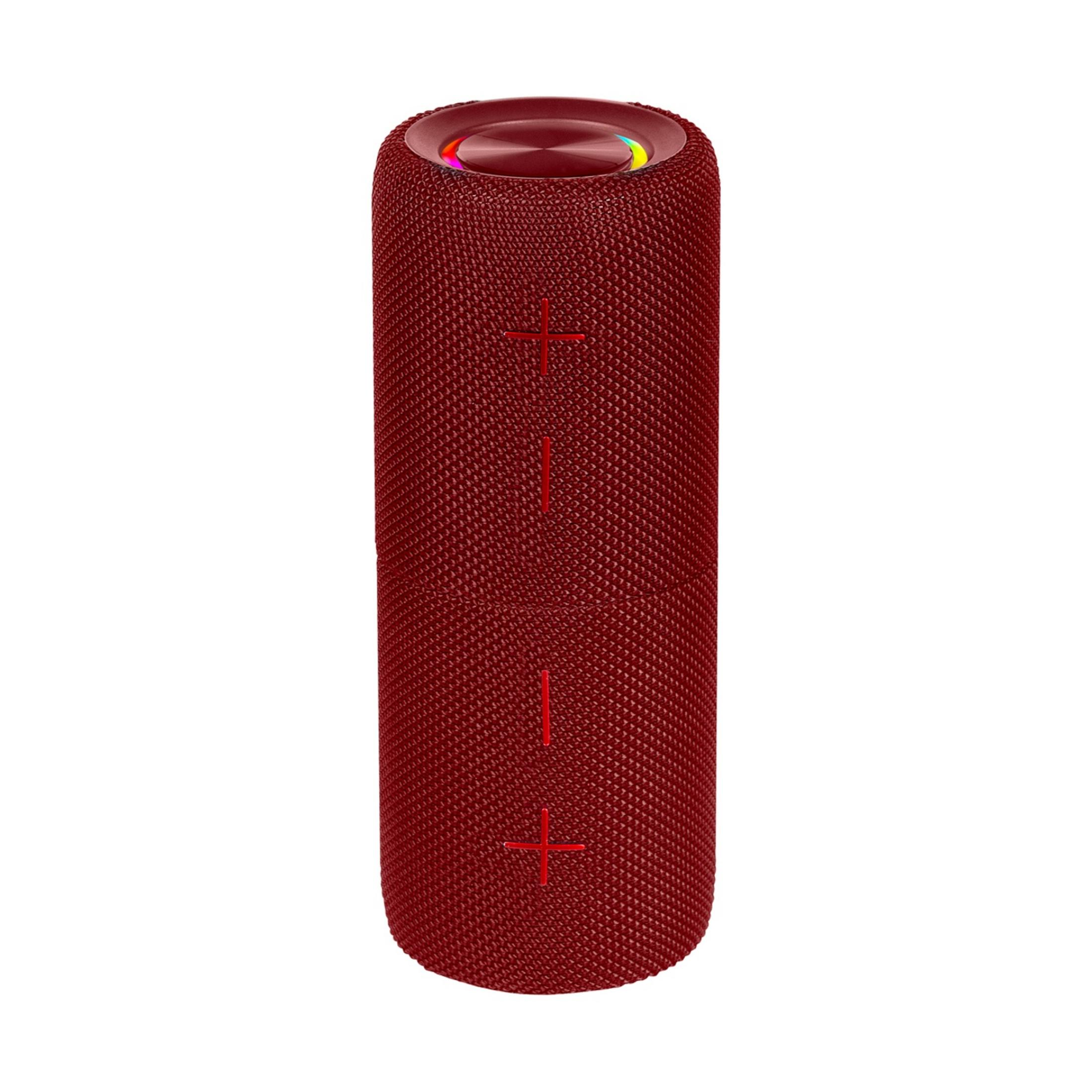 Un altoparlante Bluetooth rosso con pulsanti più/meno argentati e illuminazione superiore.