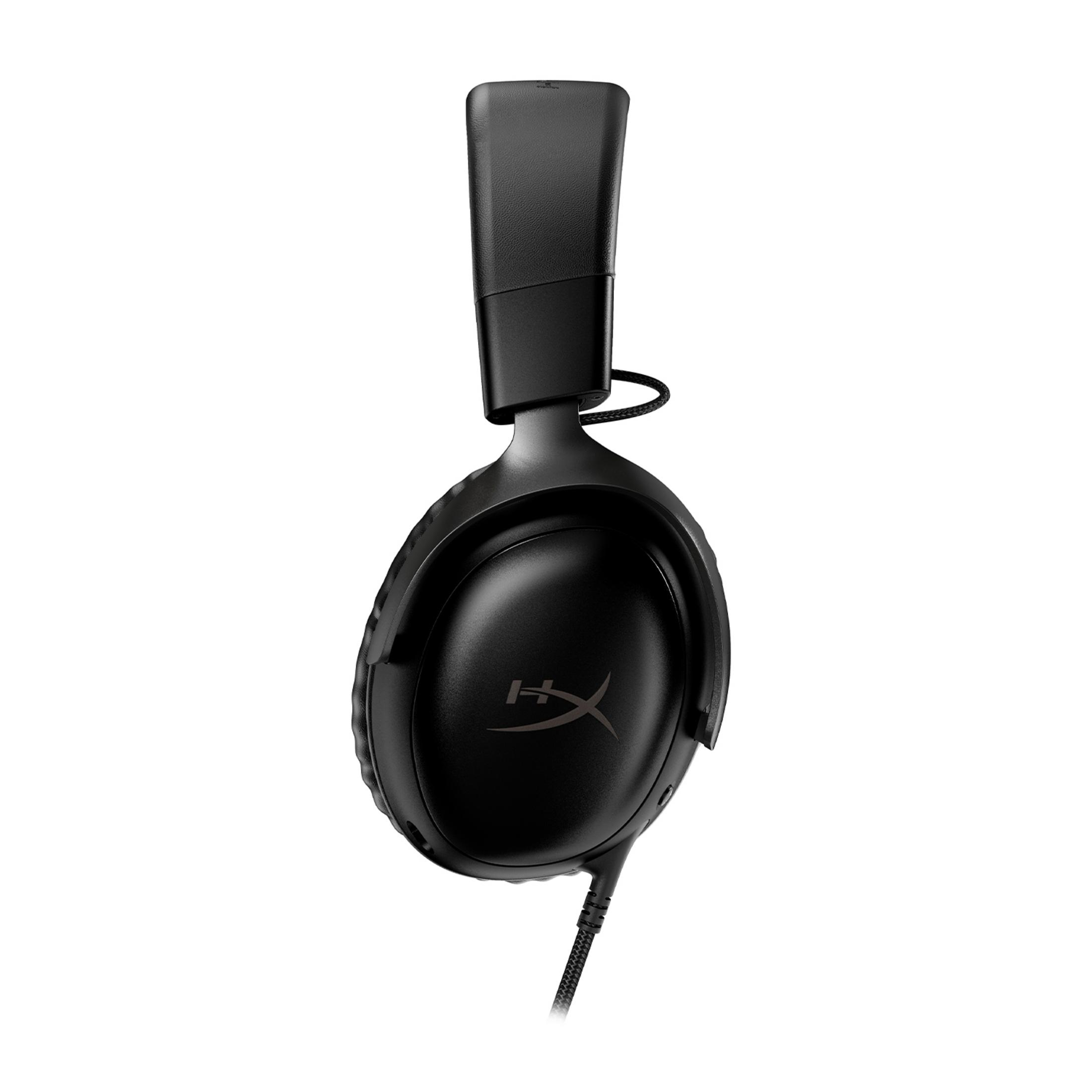 Casque de jeu noir avec le logo HyperX sur les oreillettes.