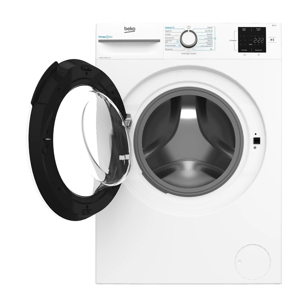 Una lavatrice Beko bianca con oblò aperto, che mostra il cestello argentato.