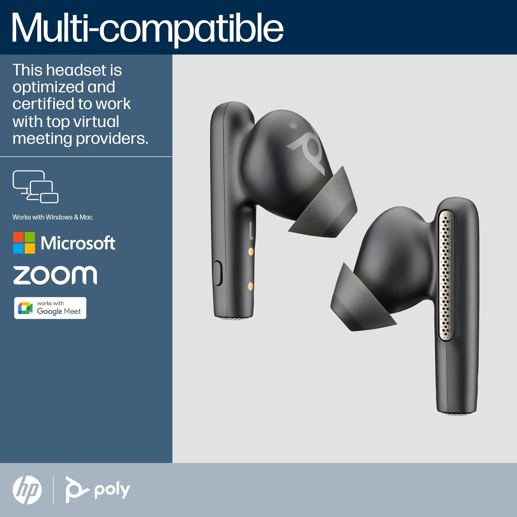 Schwarze kabellose Ohrhörer mit Poly-Logo, kompatibel mit Zoom und Google Meet.