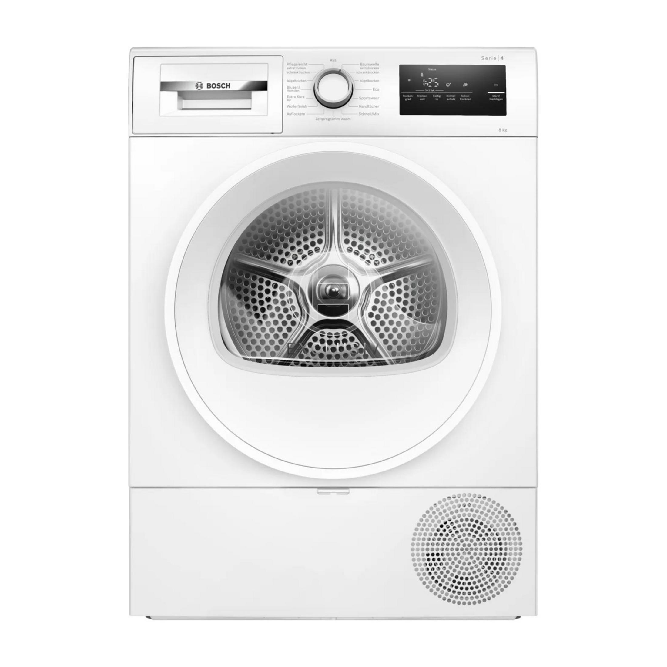 Weiße Bosch Wäschetrockner Serie 4 mit digitalem Display und runder Programmauswahl.