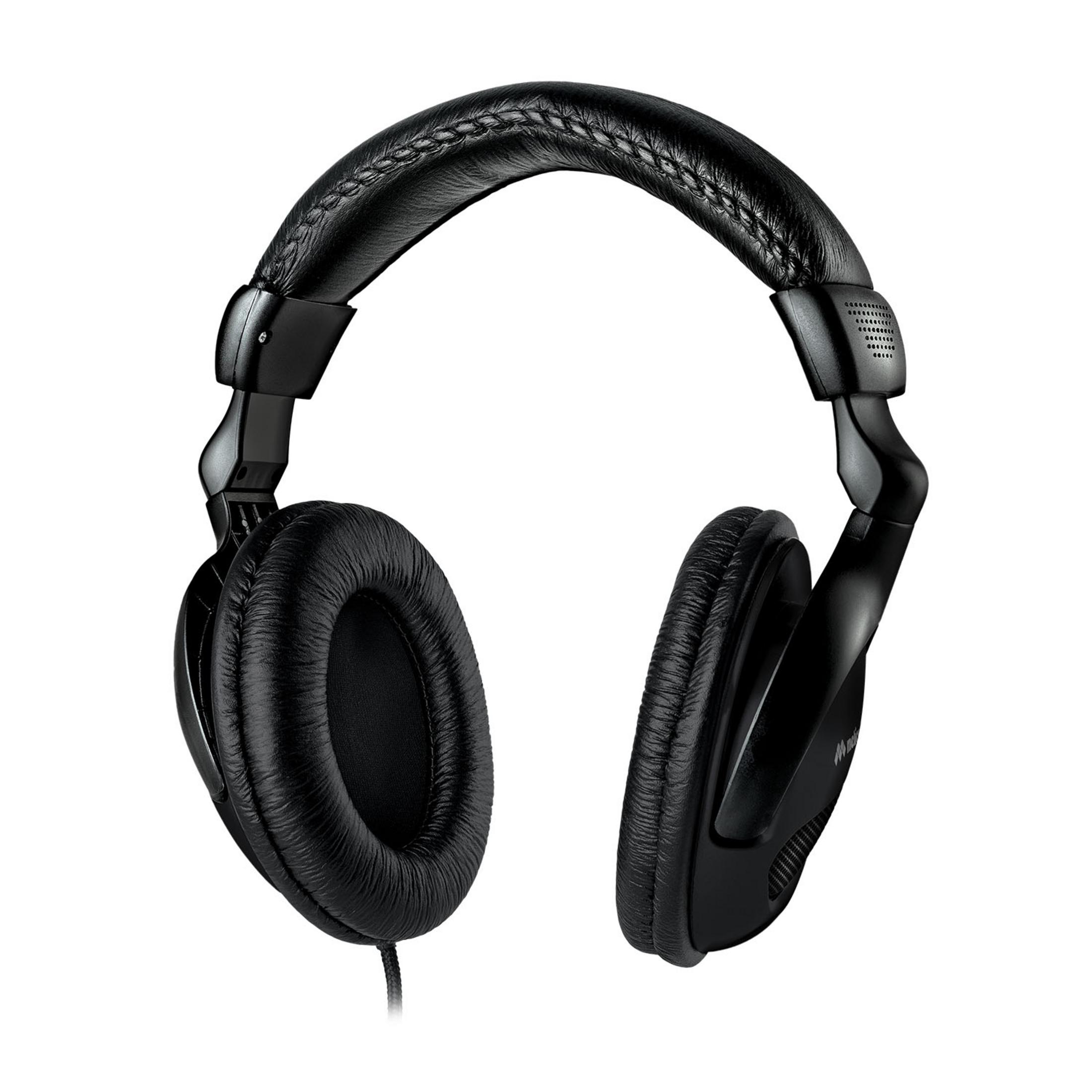 Czarne słuchawki z skórzanym pałąkiem i nausznikami na białym tle.