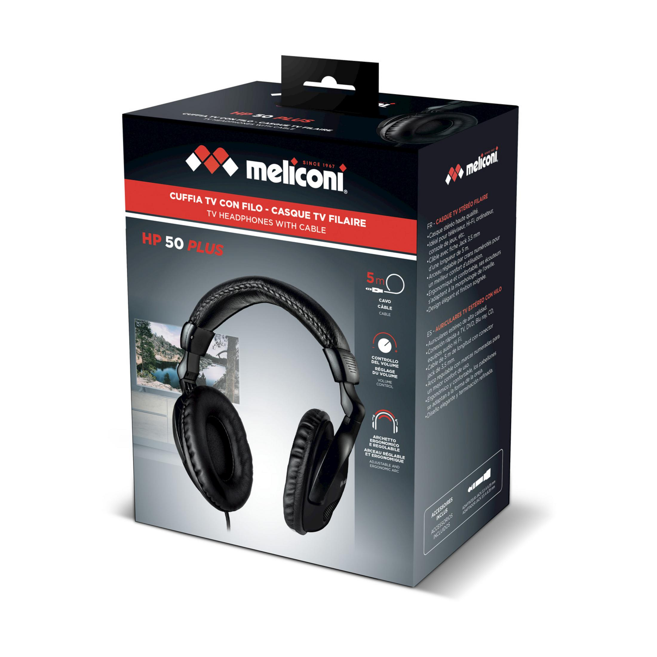 Pudełko na przewodowe słuchawki TV Meliconi HP 50 PLUS, czarne.