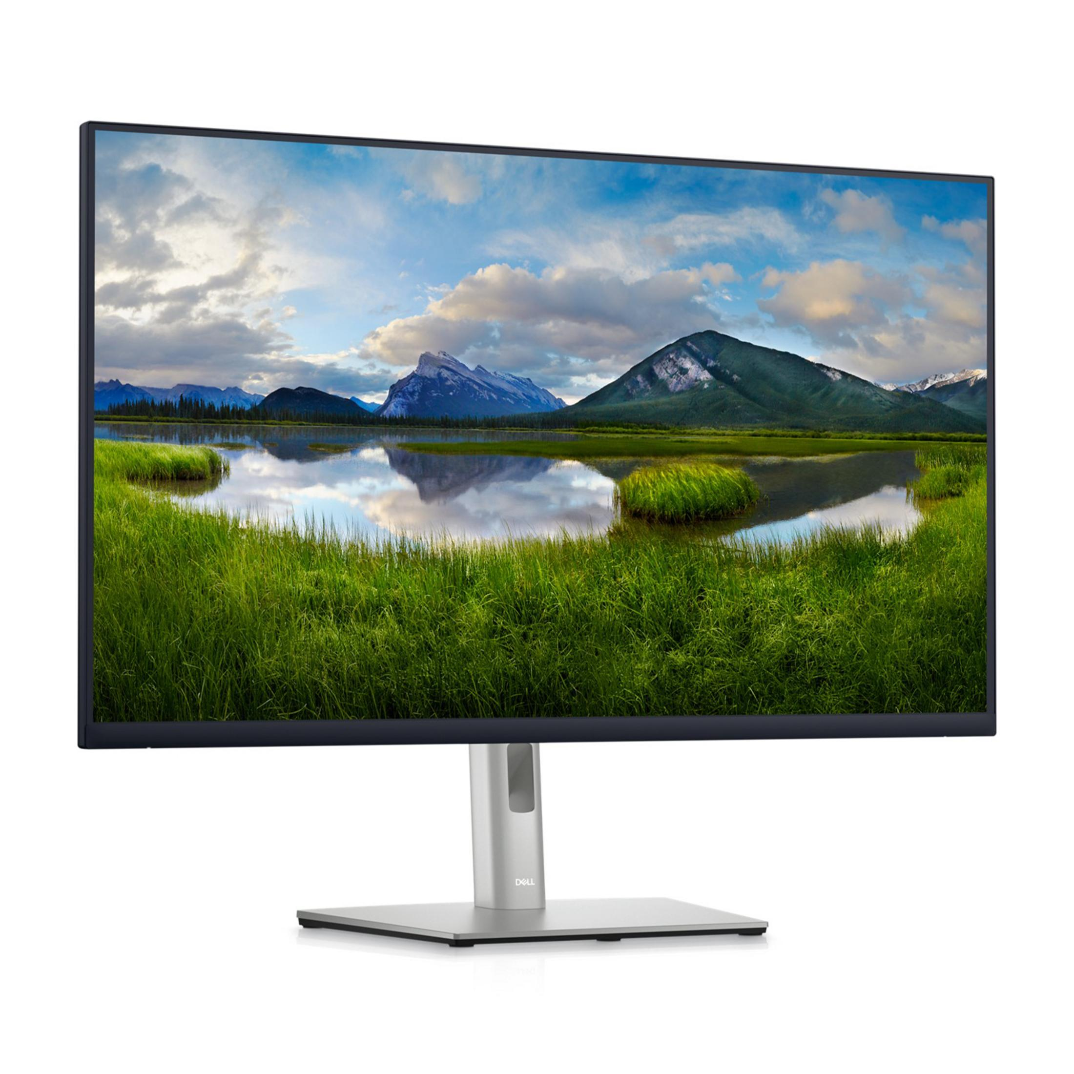 Monitor Dell wyświetla krajobraz z górami, jeziorem i zielonymi łąkami.