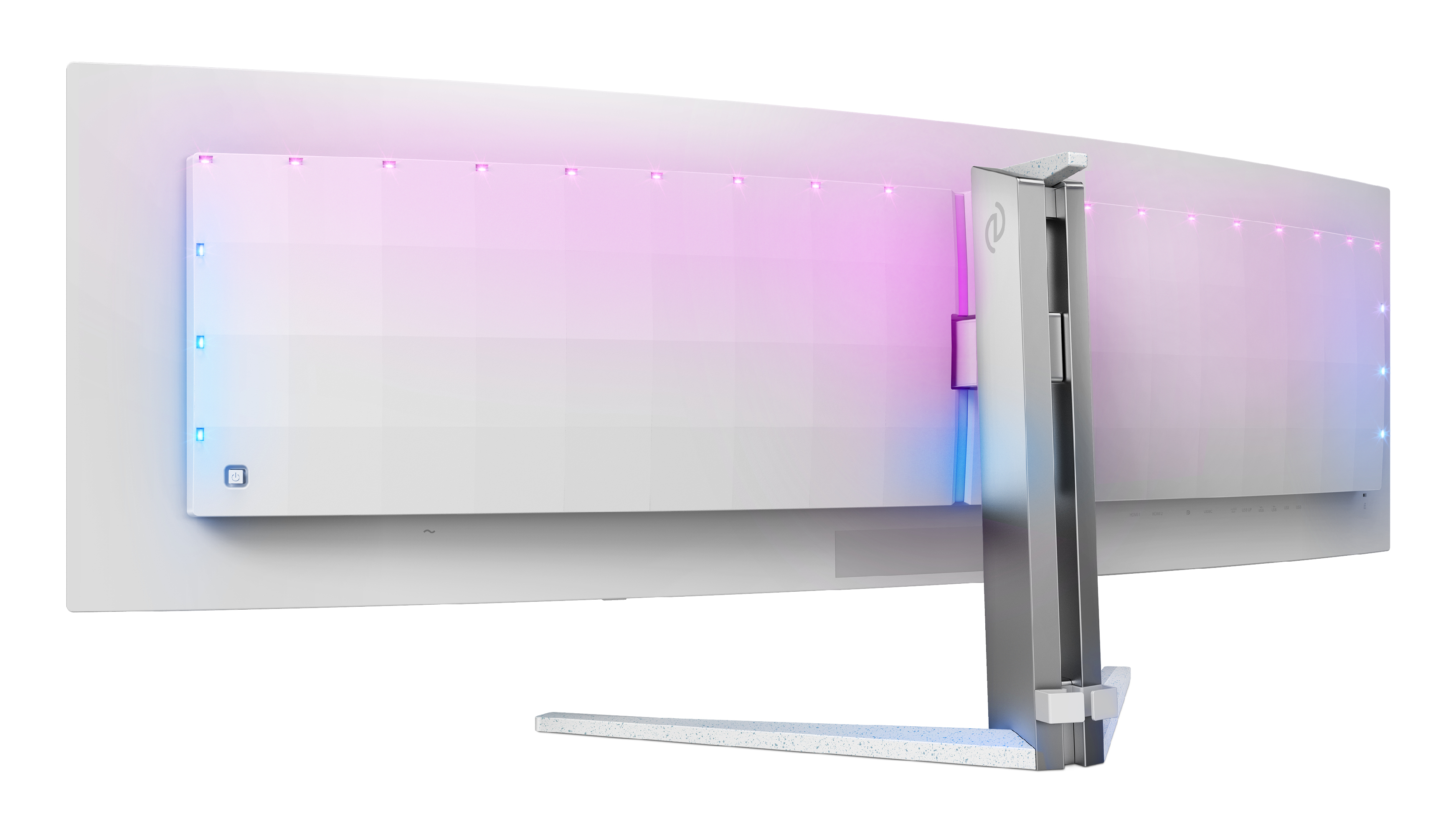 Tył zakrzywionego białego monitora z podświetleniem RGB i srebrnym stojakiem.