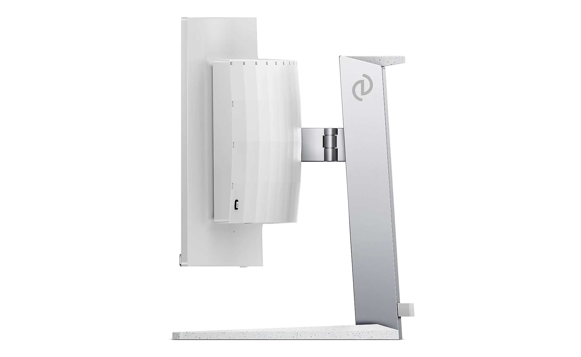 Biały, nowoczesny komponent technologiczny z otworami wentylacyjnymi na srebrnej podstawie.