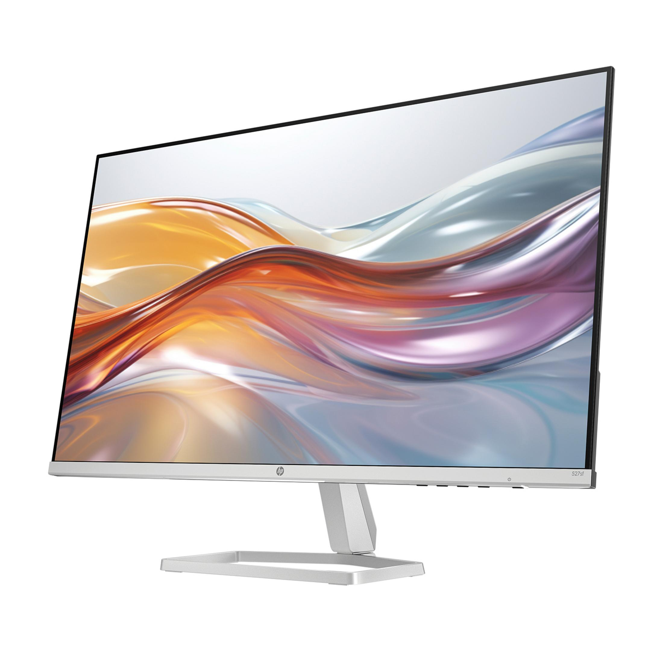A silver monitor displaying an abstract, colorful wallpaper.