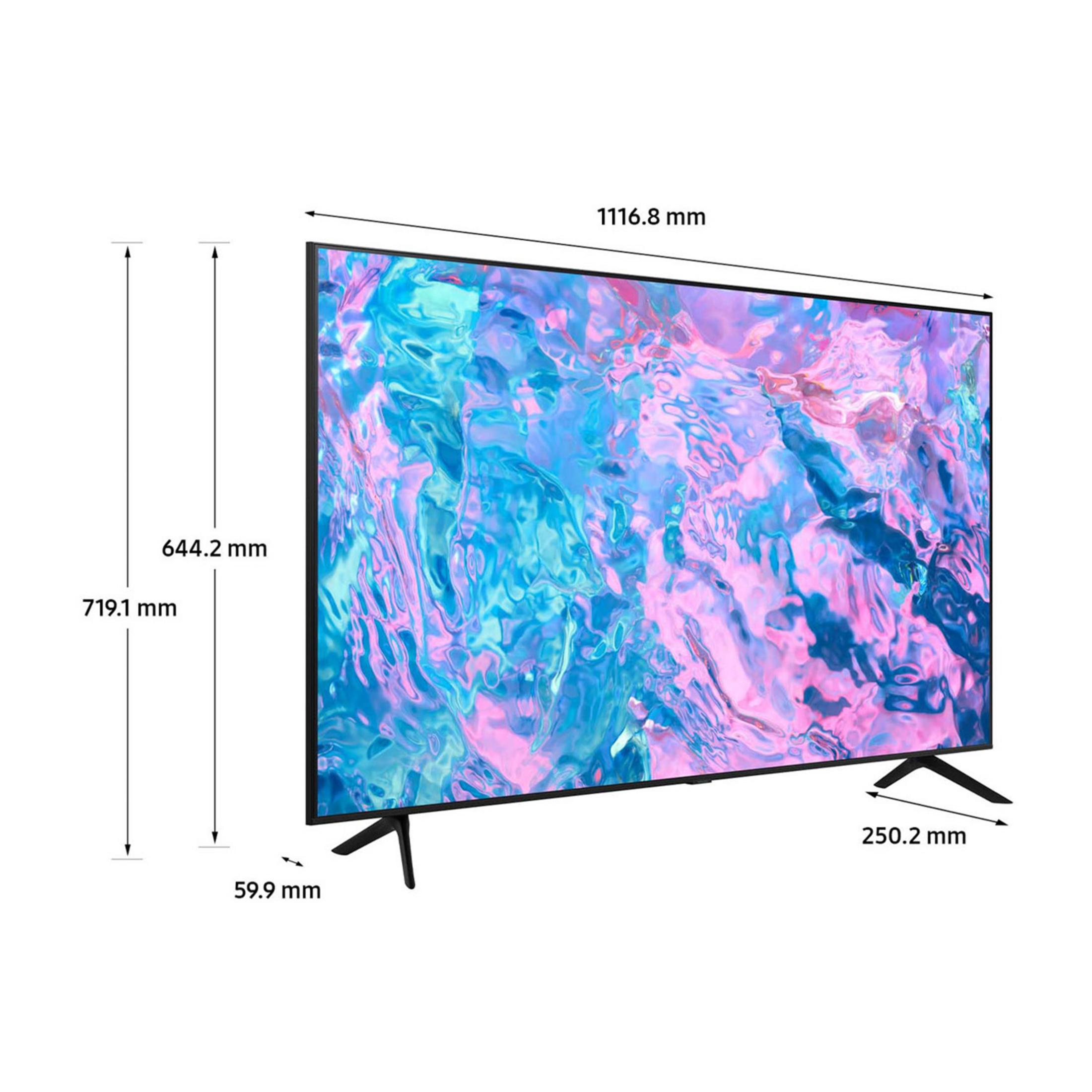 Un televisor moderno con pantalla abstracta y colorida y dimensiones mostradas.