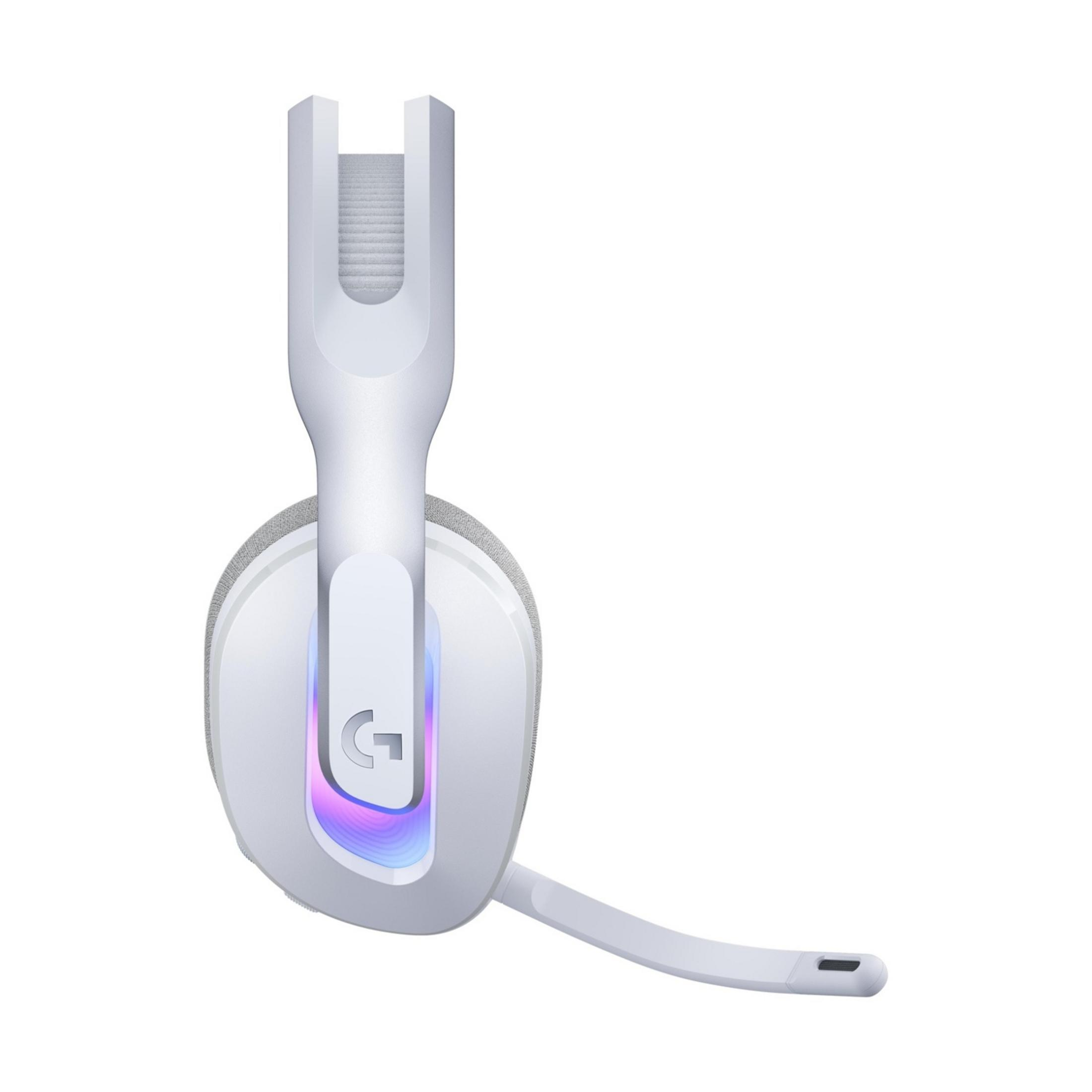 A white headset with a microphone and RGB lighting, on a white background.