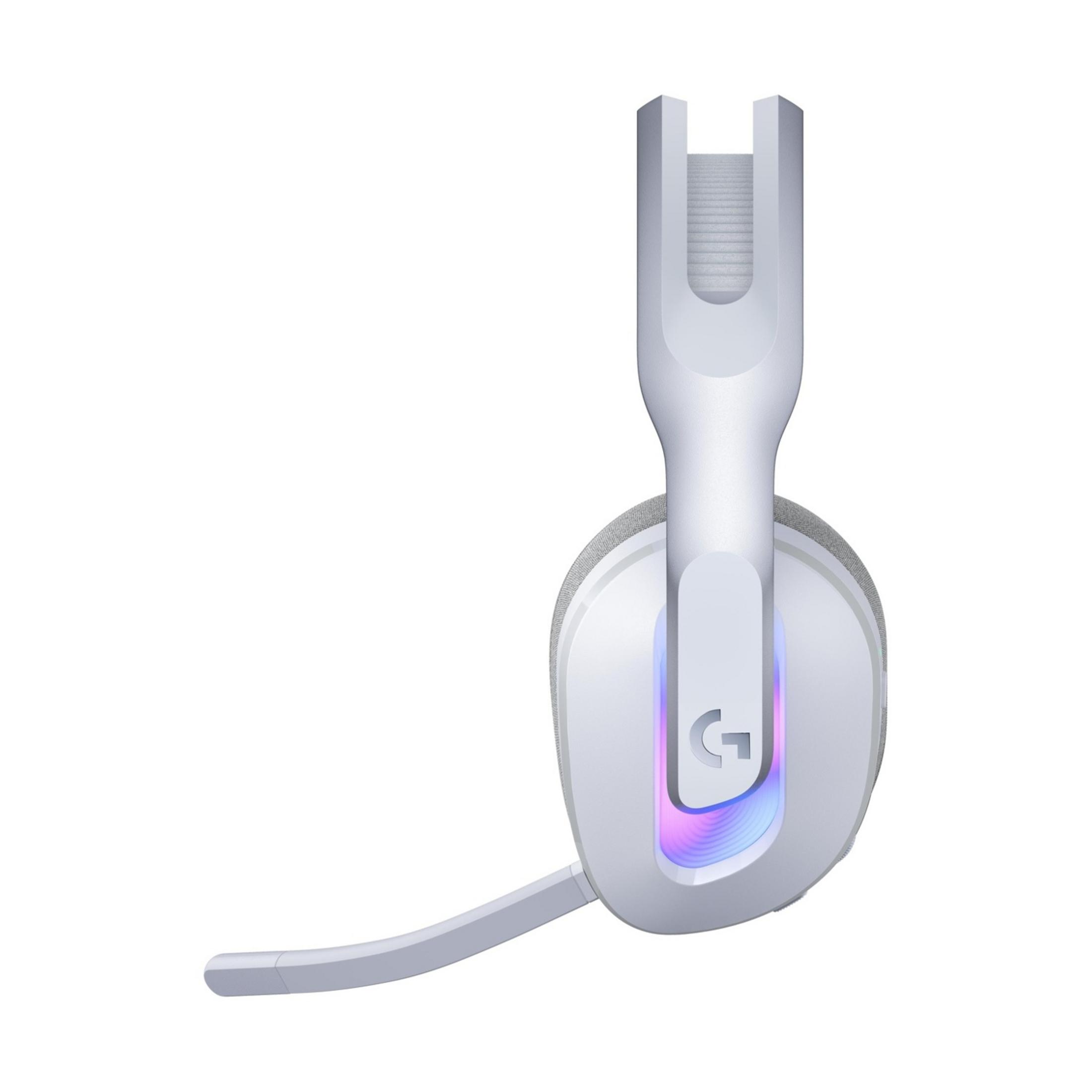A white gaming headset with a microphone and RGB lighting, on a white background.