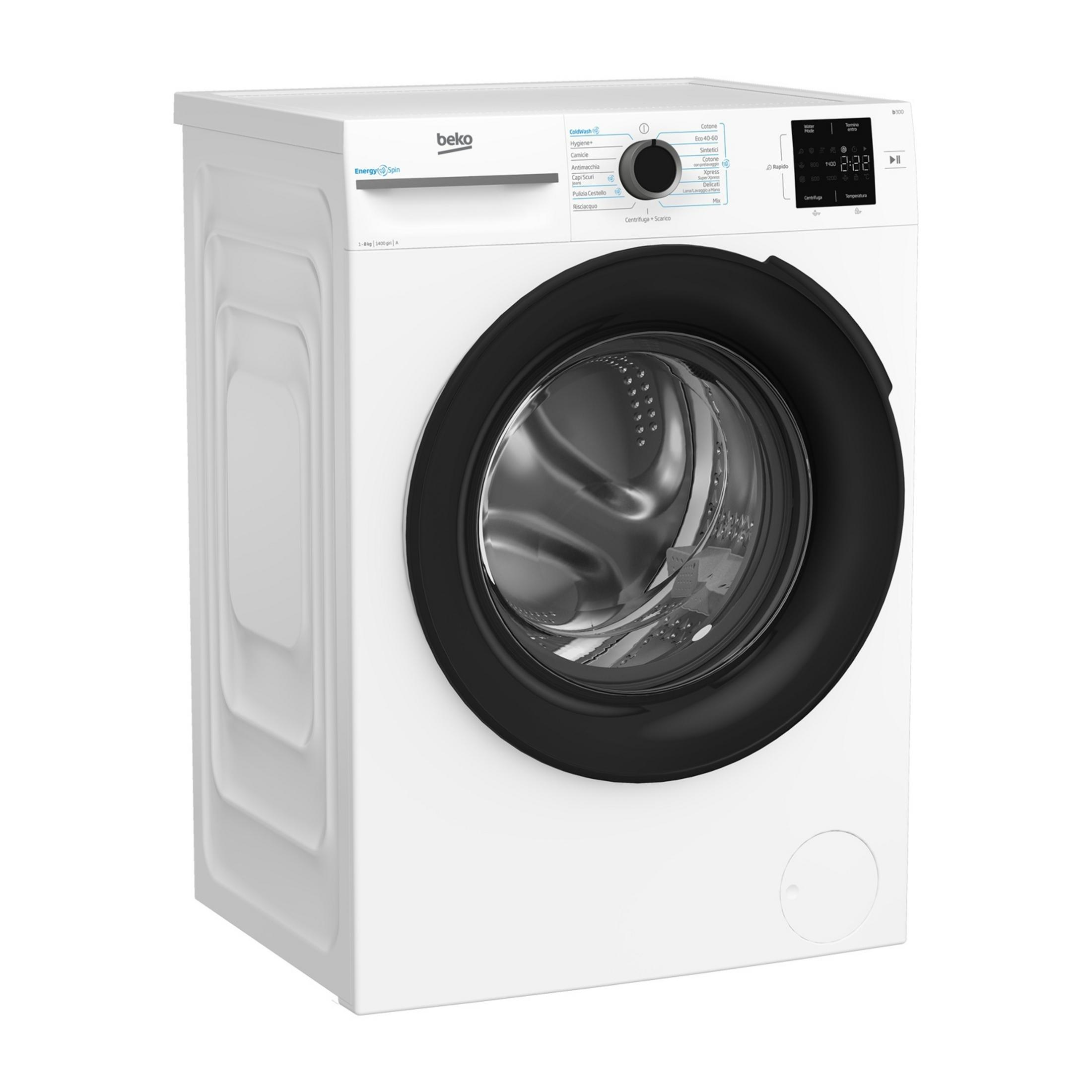 Eine weiße Beko-Waschmaschine mit schwarzer Tür und einem digitalen Bedienfeld.