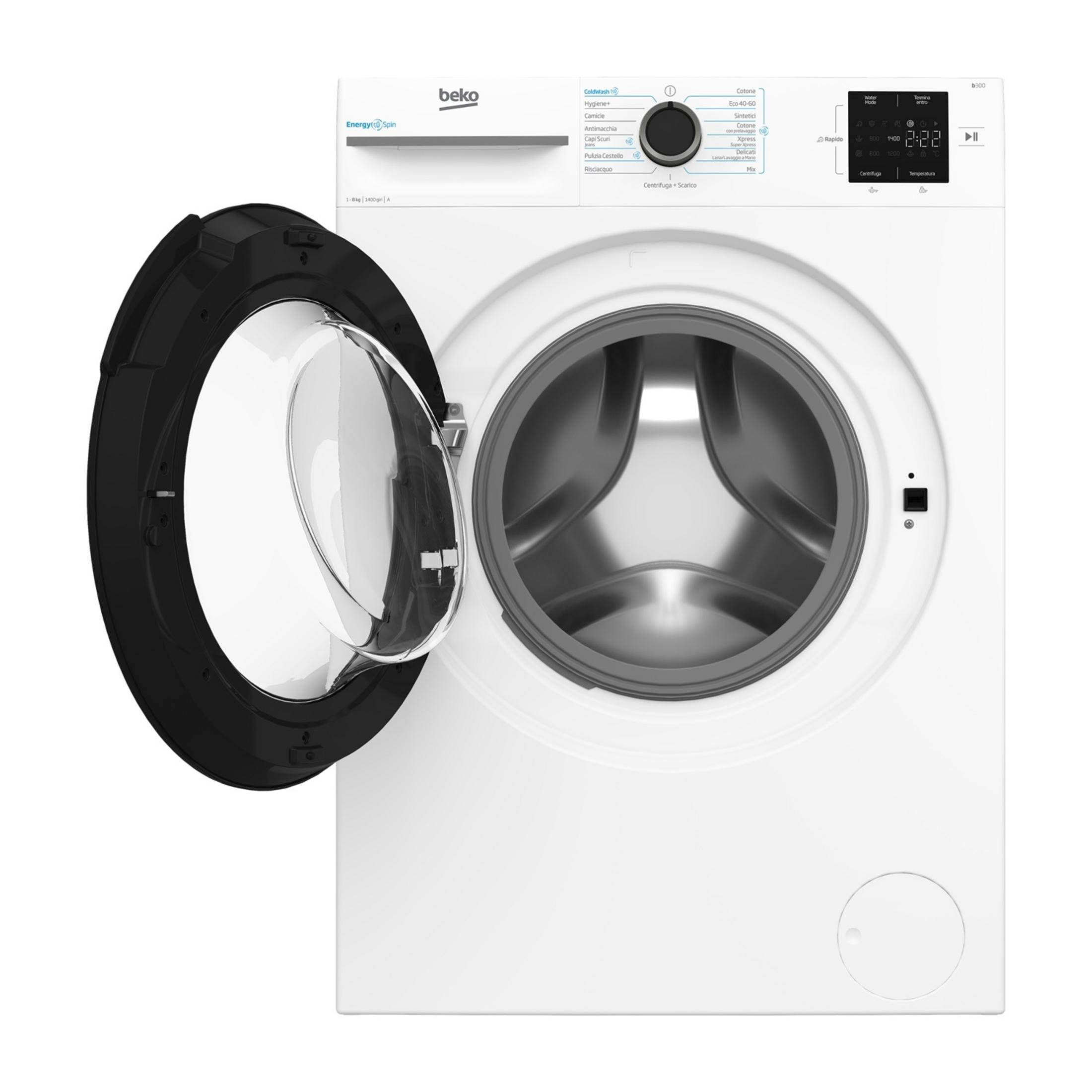 Eine weiße Beko-Waschmaschine mit geöffneter Tür und silberner Trommel.