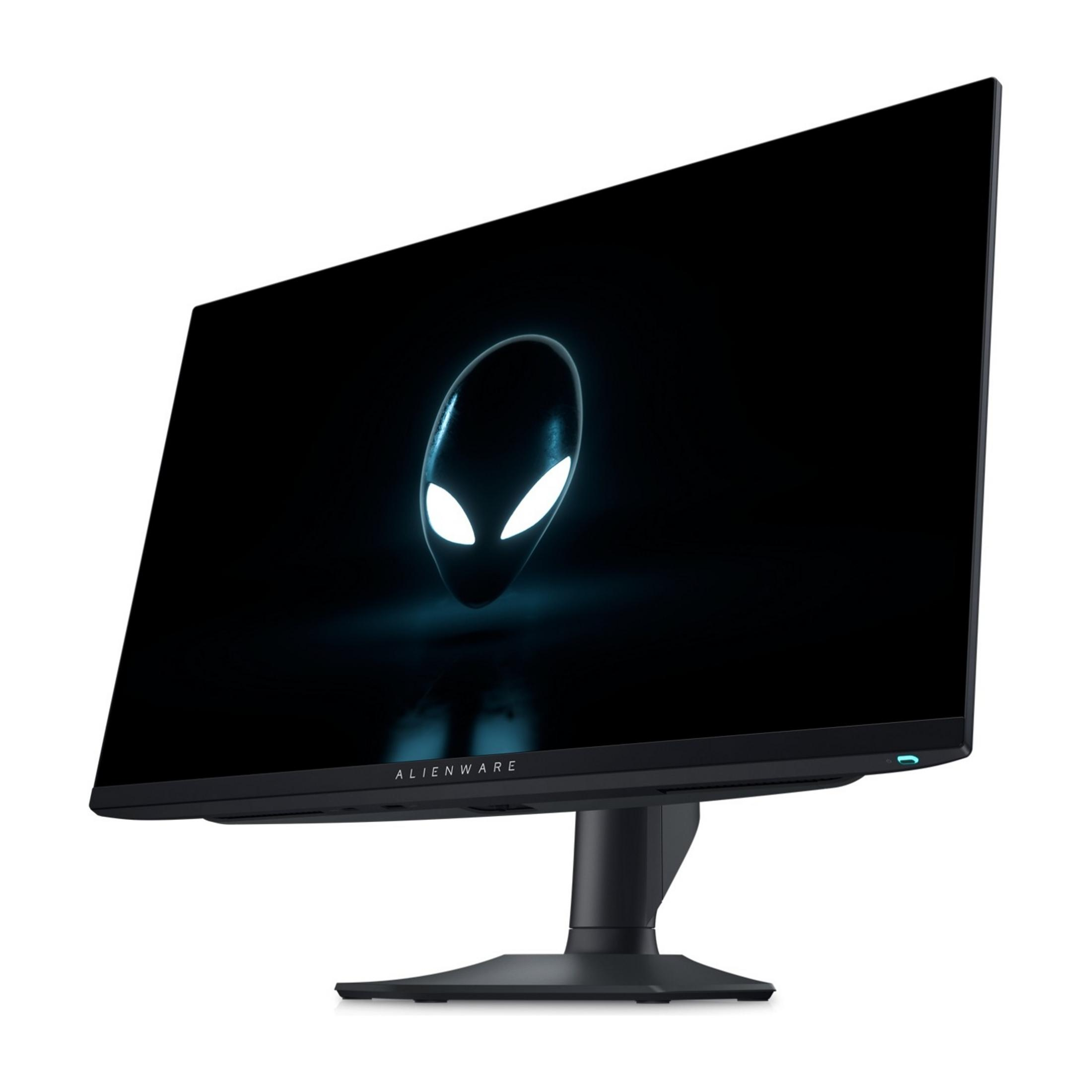 Monitor Alienware wyświetlający logo głowy obcego na ekranie.