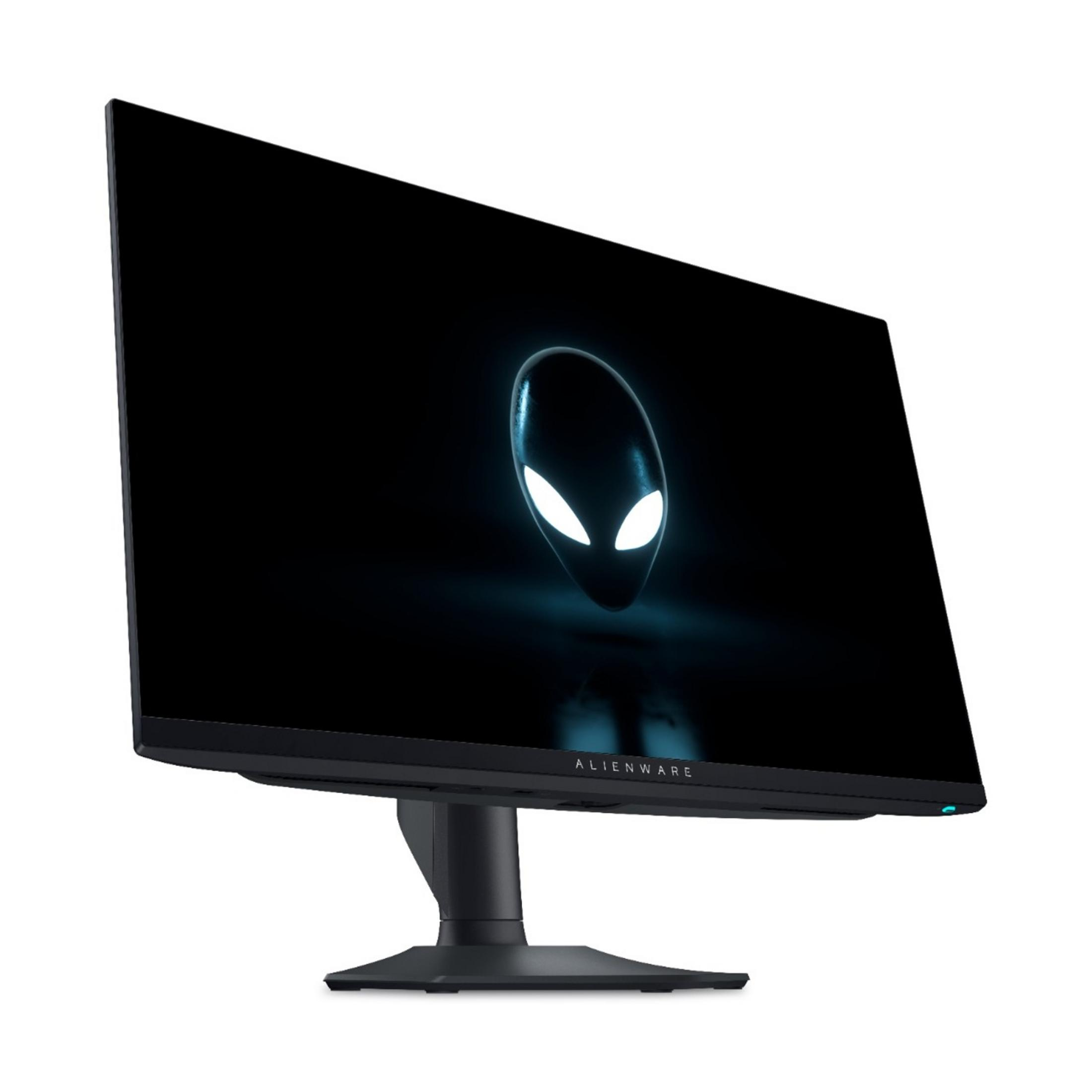 Monitor Alienware z świecącą głową obcego na czarnym tle.