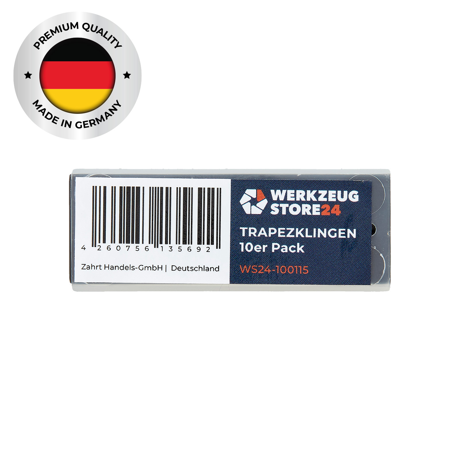 Verpackung mit Trapezklingen, Made in Germany Siegel und Barcode.