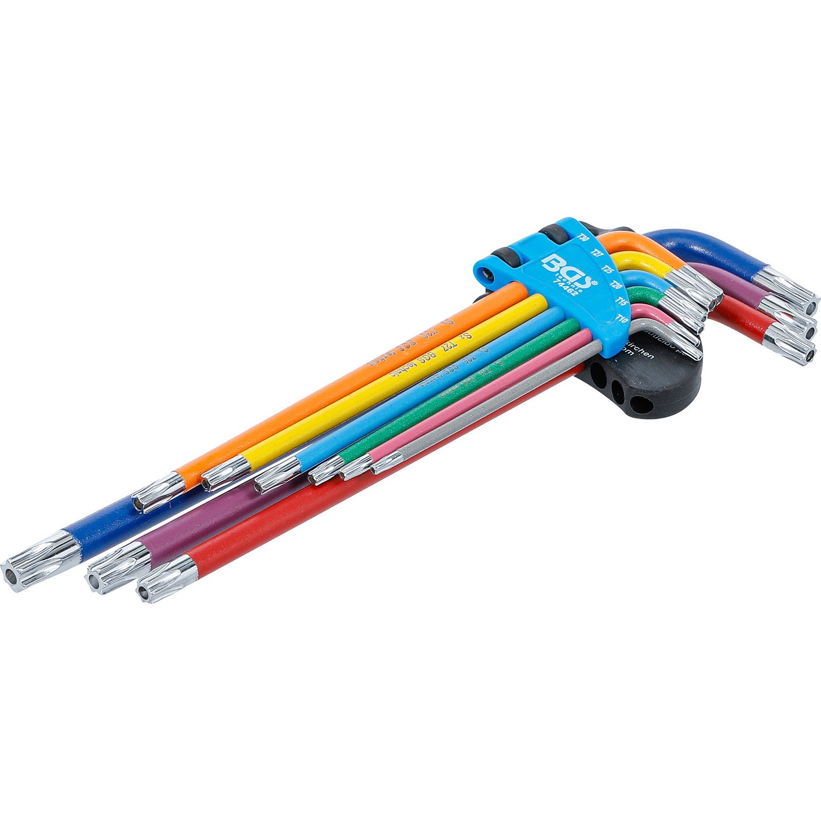 Ein Satz Torx-Schraubendreher in verschiedenen Farben, auf einer Halterung.