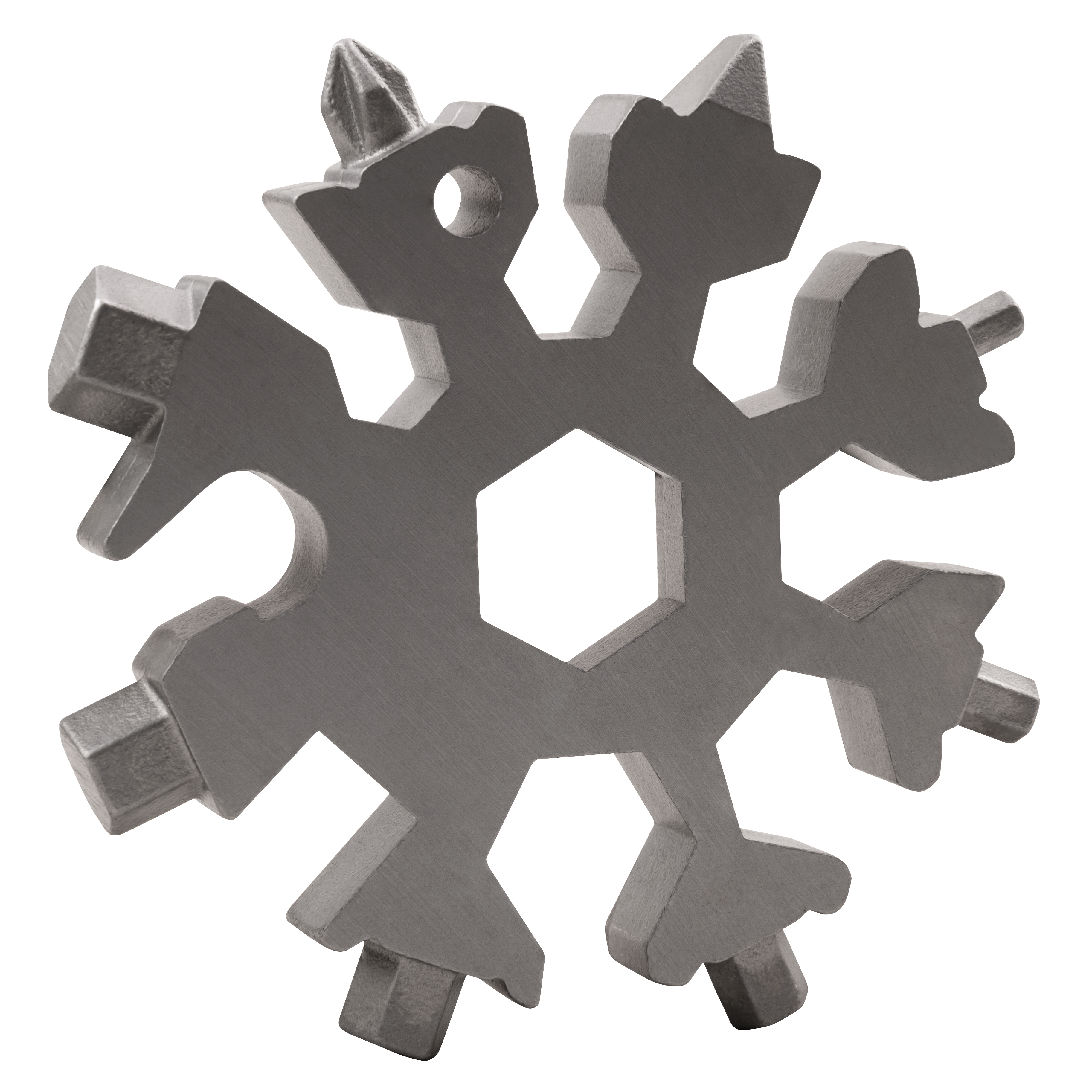 Ein silberner Werkzeugschlüssel in Schneeflockenform mit verschiedenen Werkzeugaufsätzen.