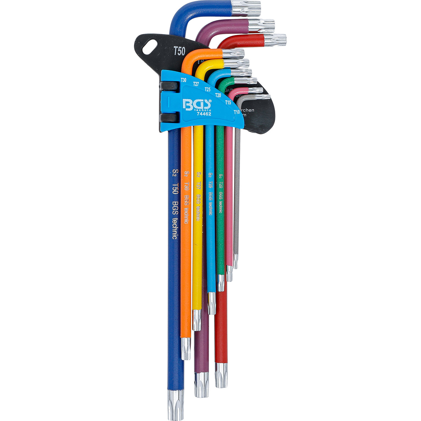 Ein Satz Torx-Schraubenschlüssel in verschiedenen Farben, auf einem weißen Hintergrund.