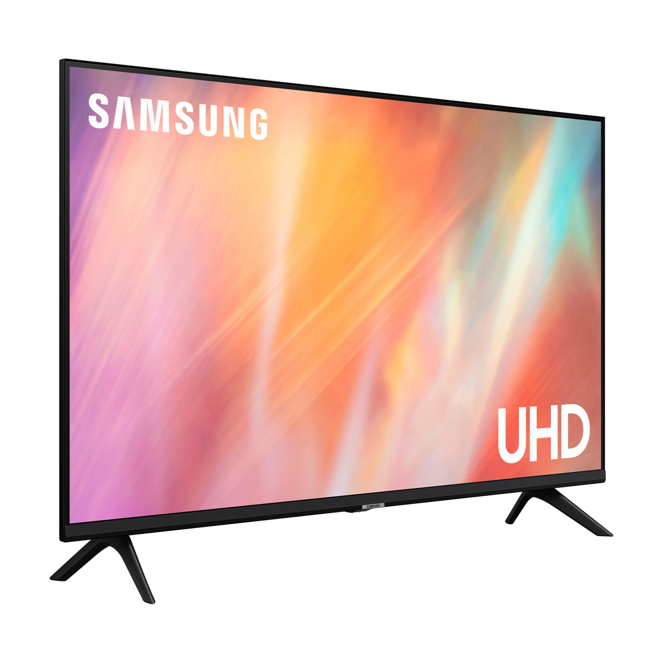 Czarny telewizor Samsung UHD z kolorowym, abstrakcyjnym wyświetlaczem i dwiema czarnymi nogami.