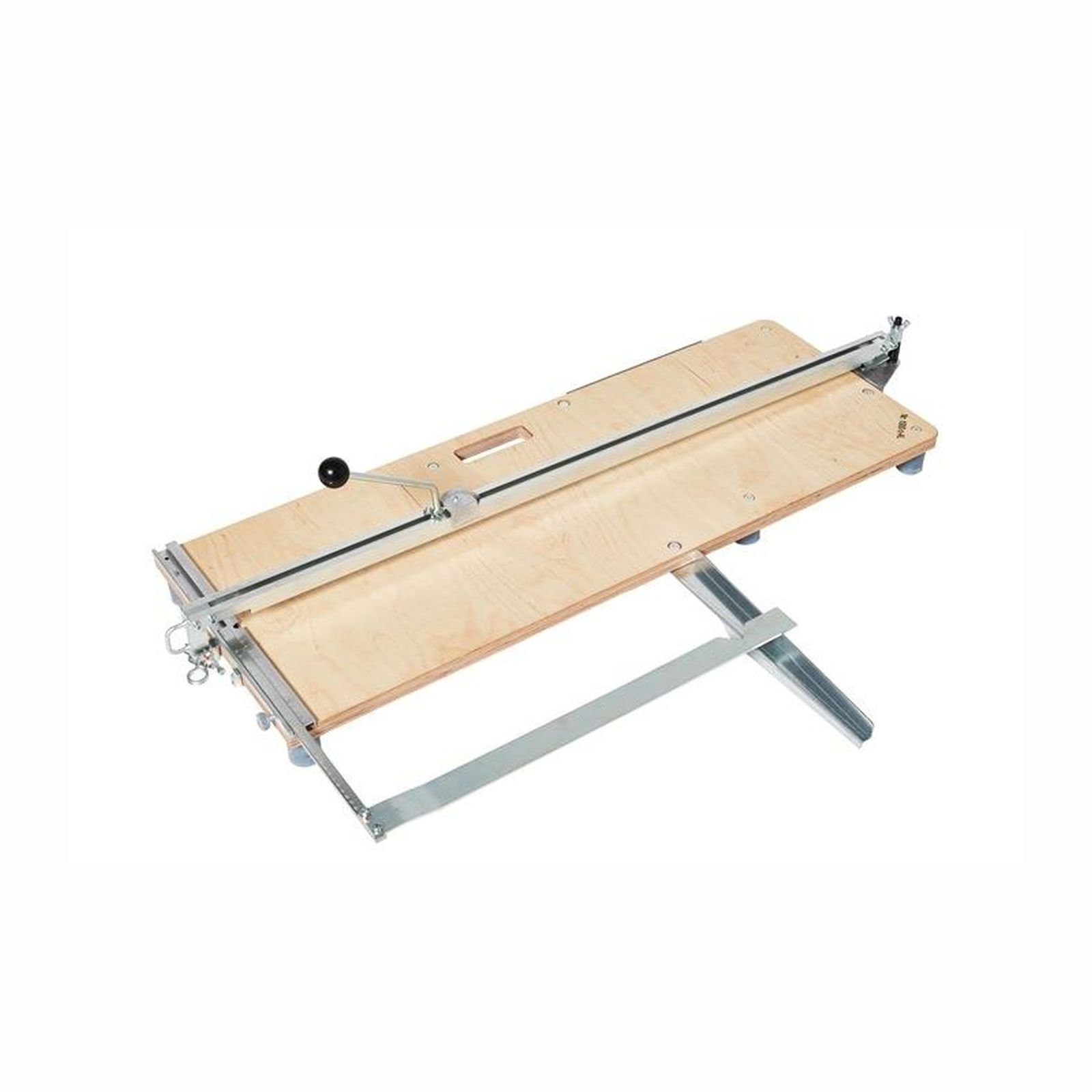 Ein Holzfliesenschneider mit Metallschienen und einem Griff.