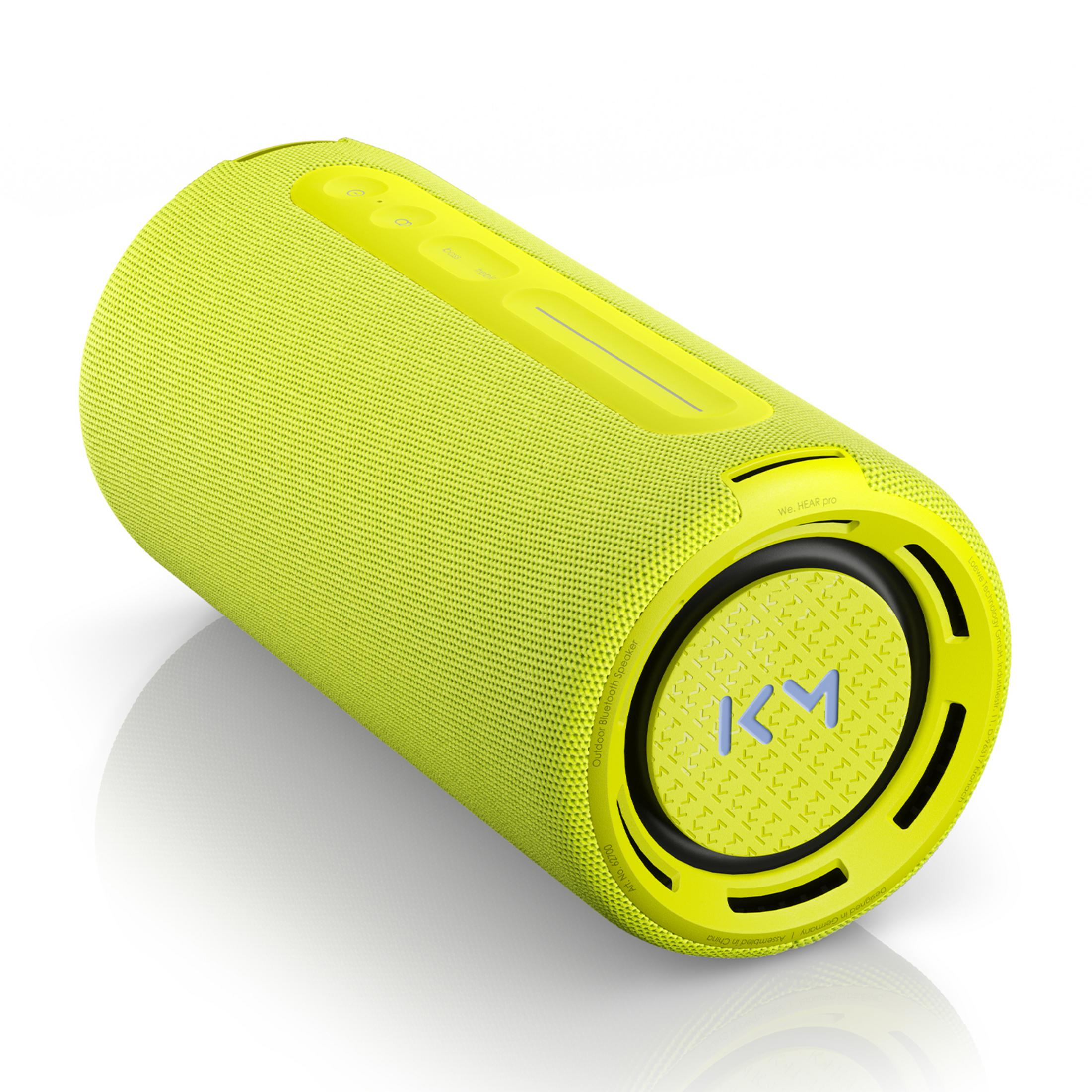 Eine leuchtend gelbe Bluetooth-Box mit Bass- und Höhenreglern.