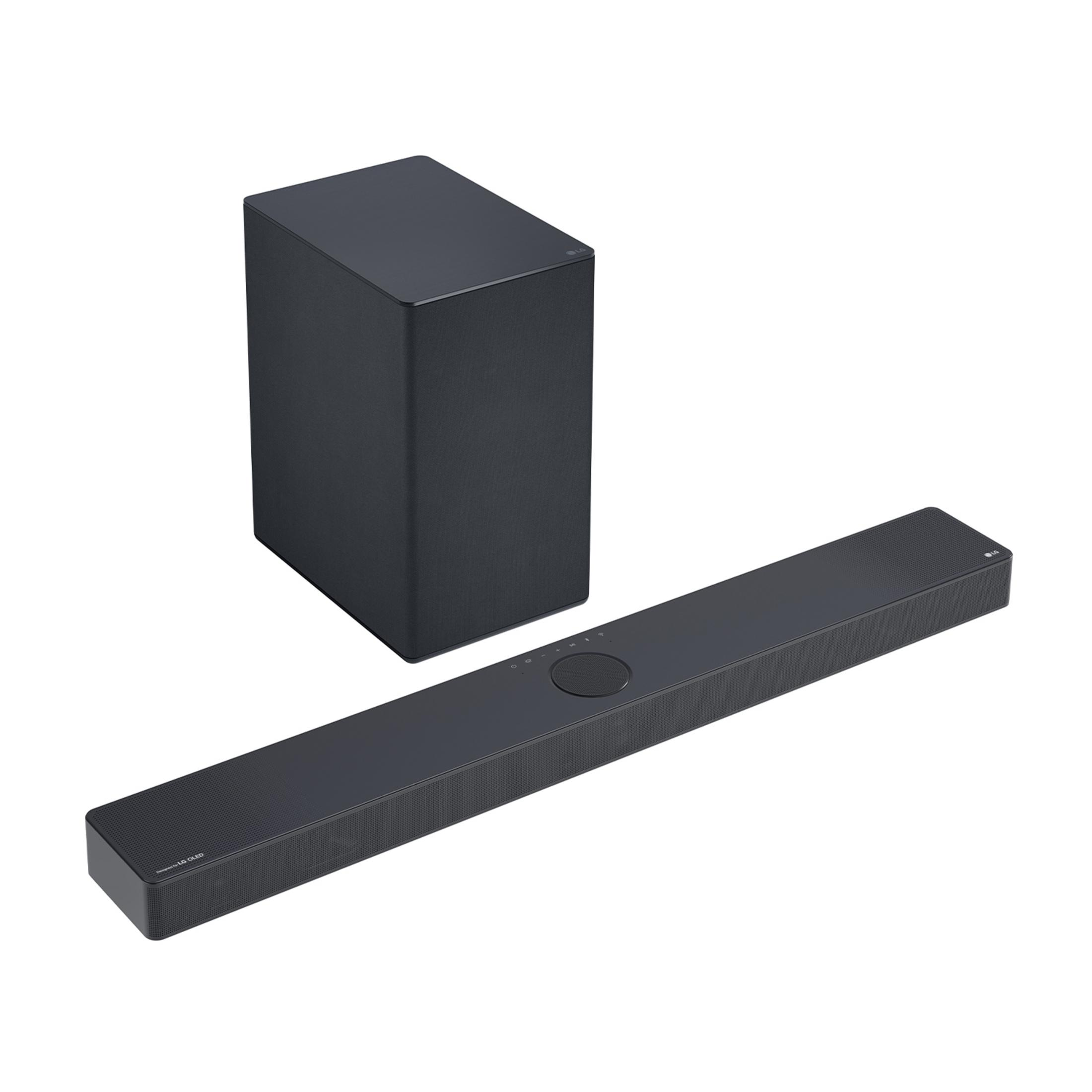 Caisson de basses et barre de son noirs sur fond blanc.