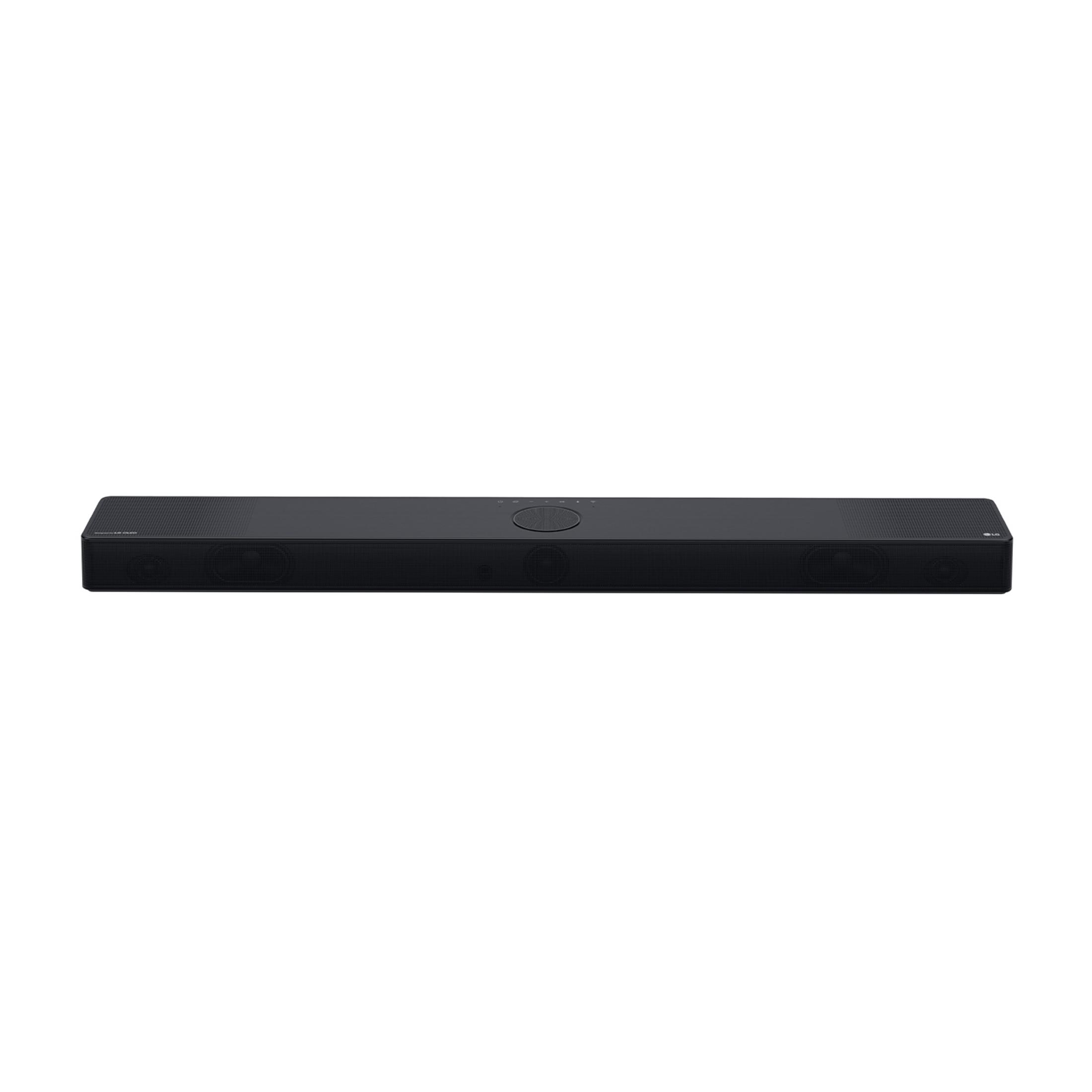 Barre de son LG noire avec grilles de haut-parleur et boutons de commande dessus.