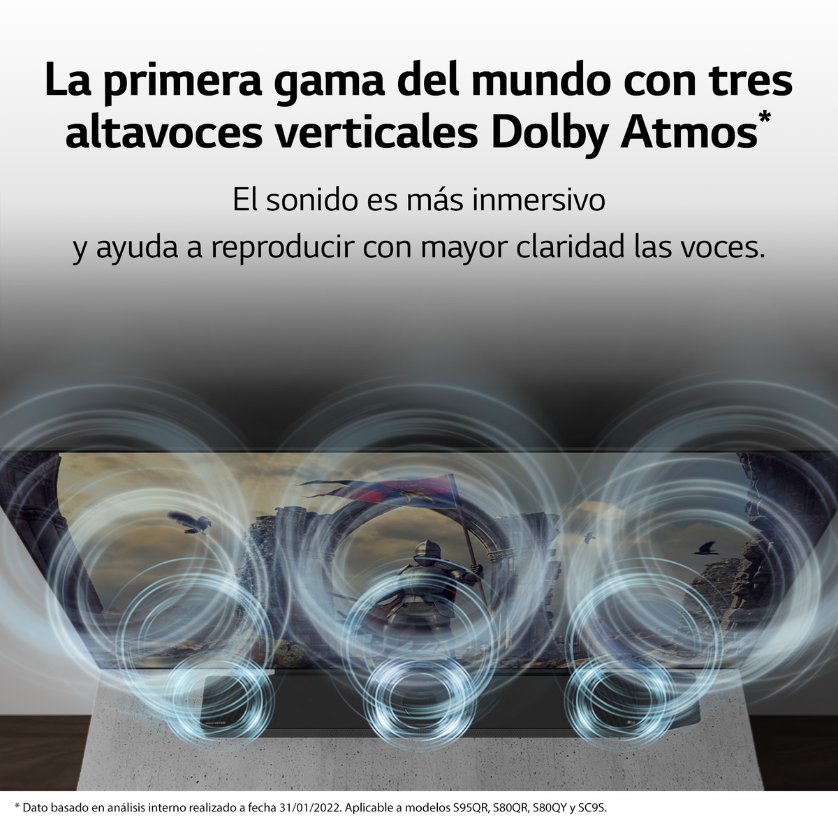 TV avec trois haut-parleurs verticaux Dolby Atmos; scène de chevalier et château.