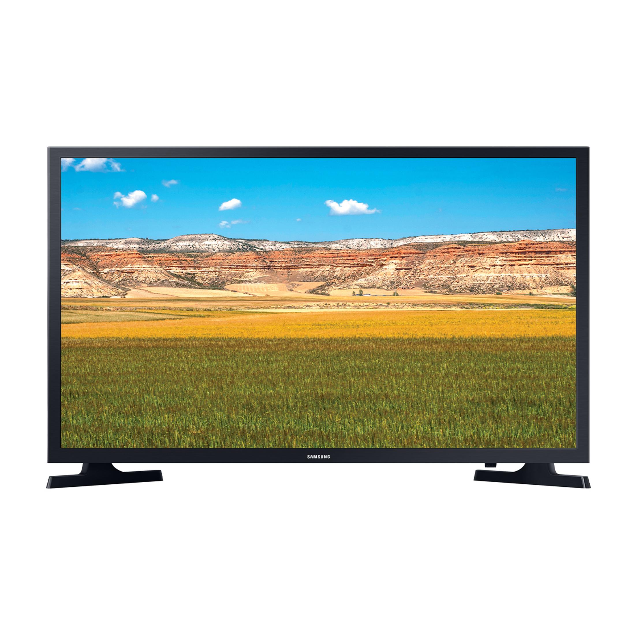 Telewizor Samsung wyświetla krajobraz z polami i górami.