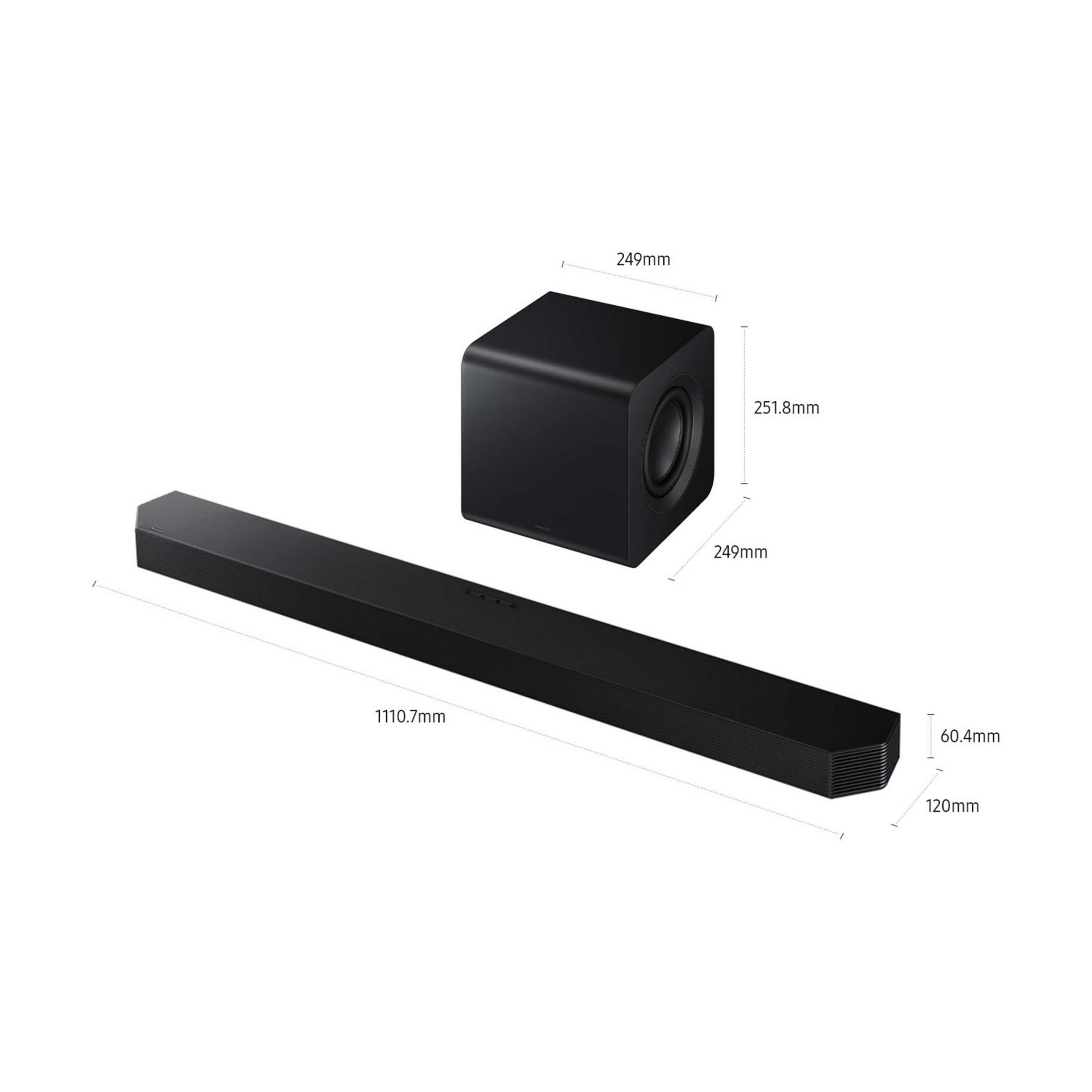 Czarny soundbar i subwoofer z wymiarami.