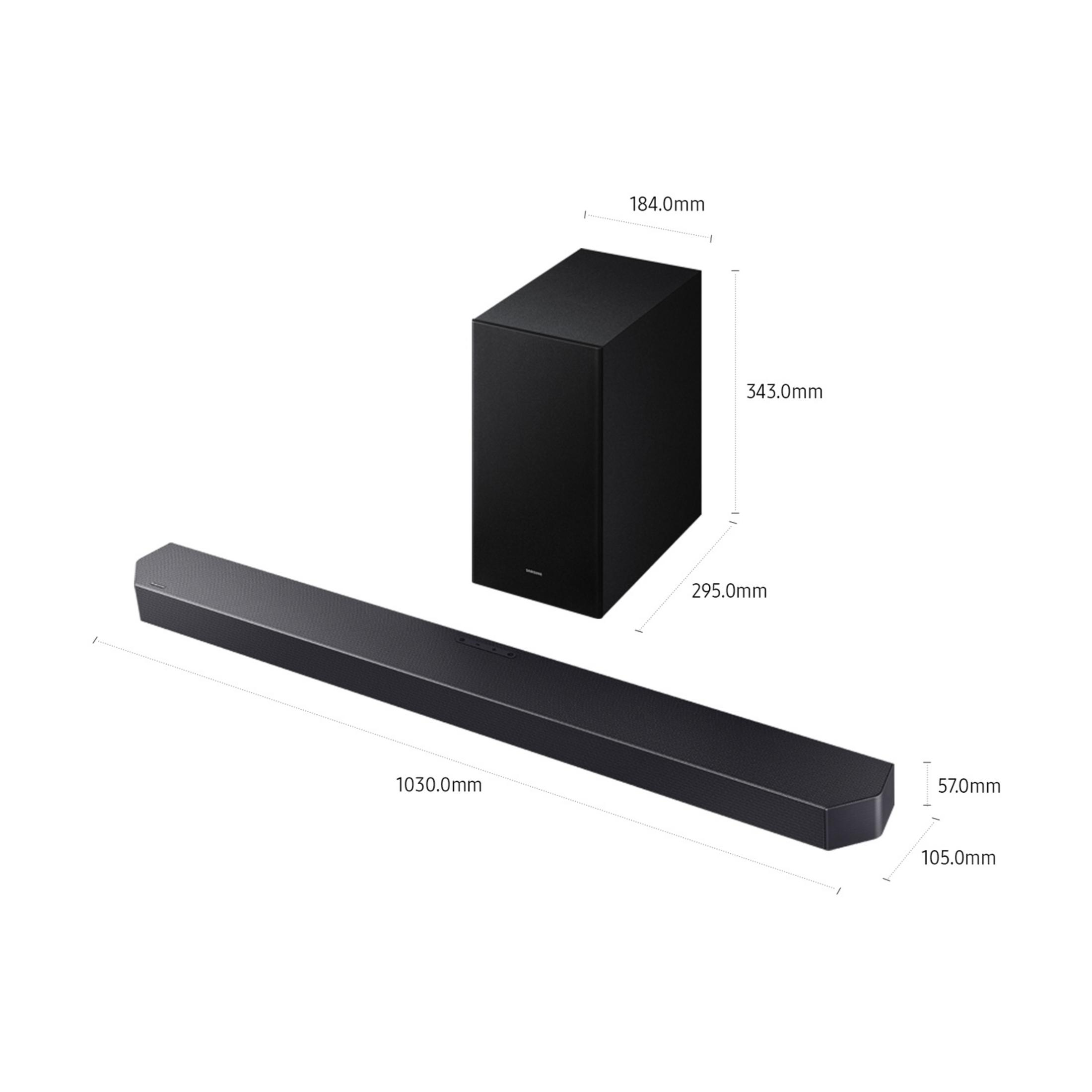 Schwarzer Subwoofer und Soundbar mit Maßangaben in Millimetern.