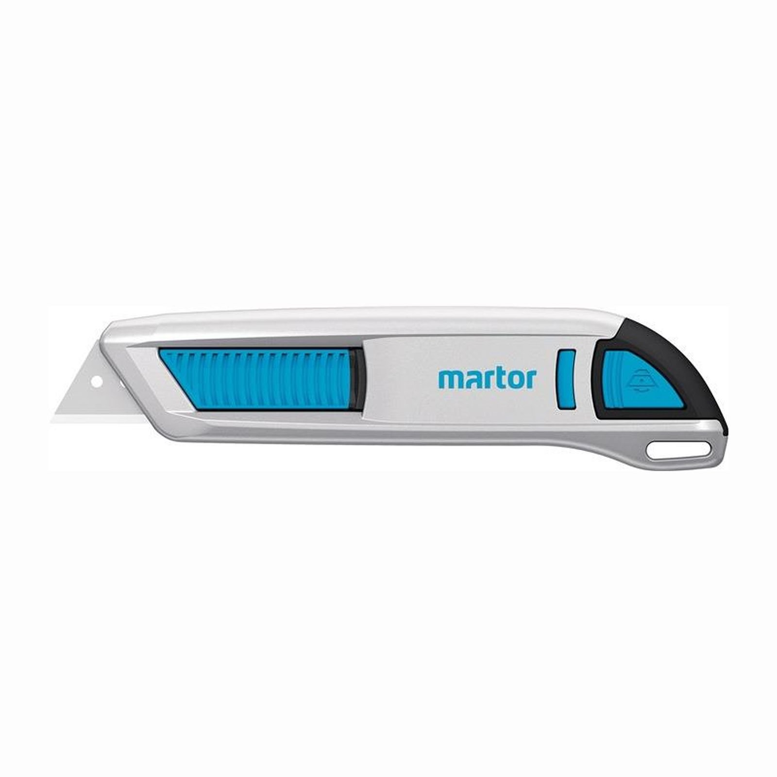 Ein silberner Martor-Cutter mit blauem Griff und Klinge.