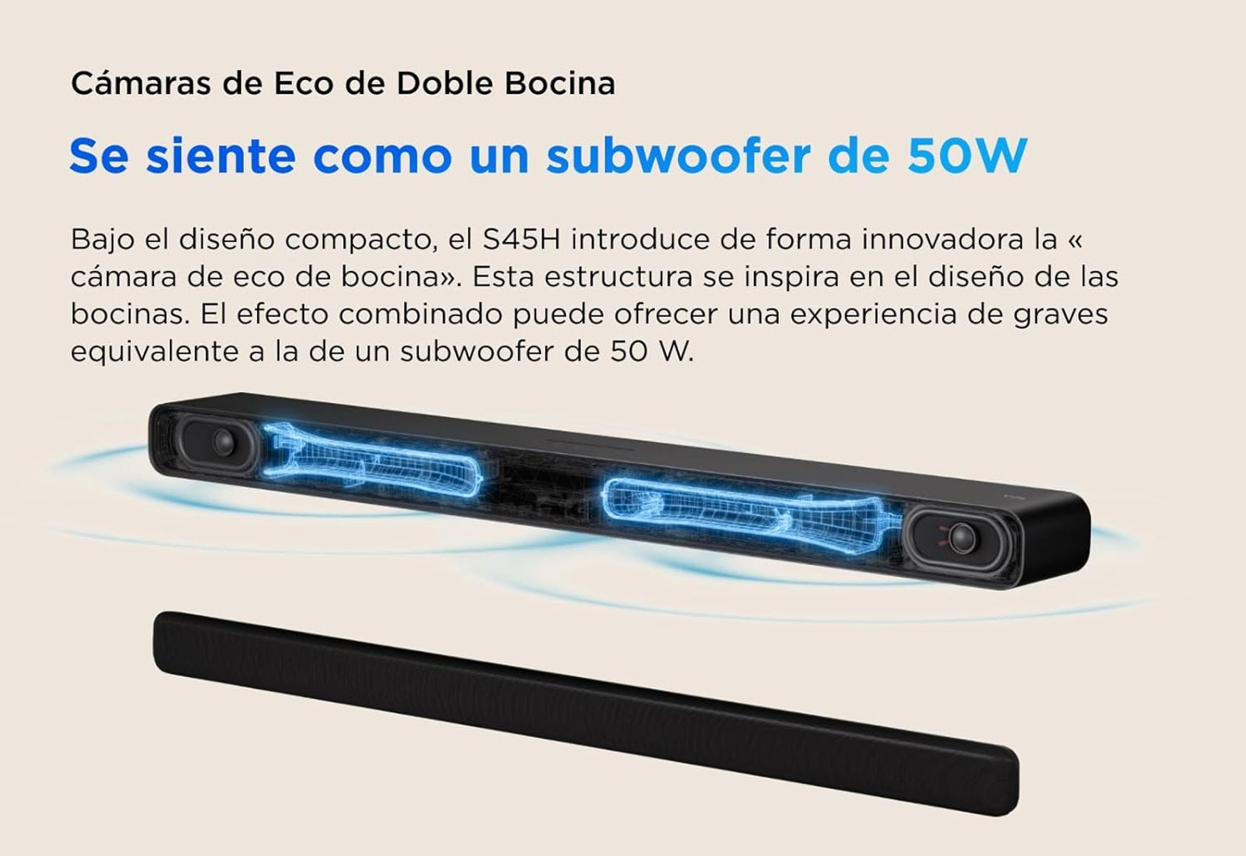 Czarny soundbar z niebieskim widokiem wewnętrznej struktury.