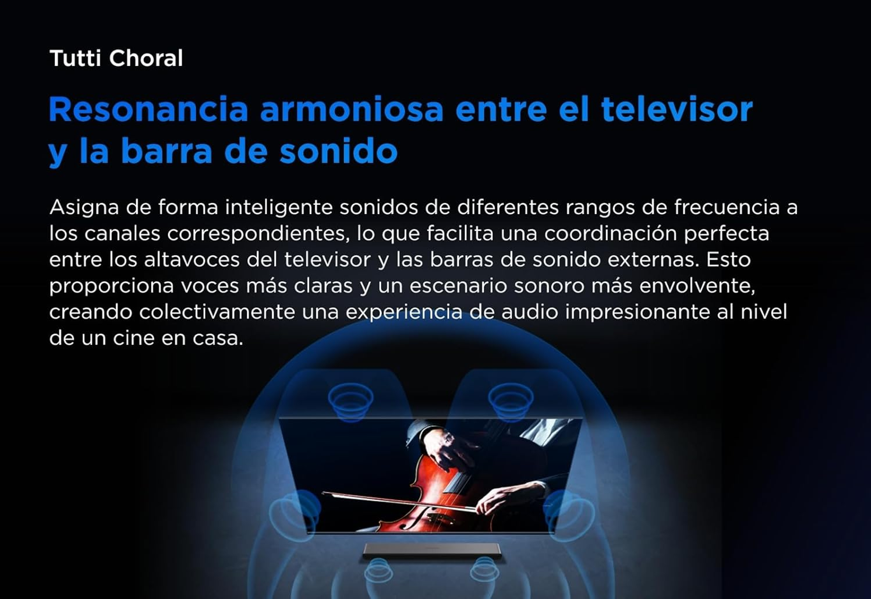 Telewizor i soundbar z grającym na skrzypcach skrzypkiem.