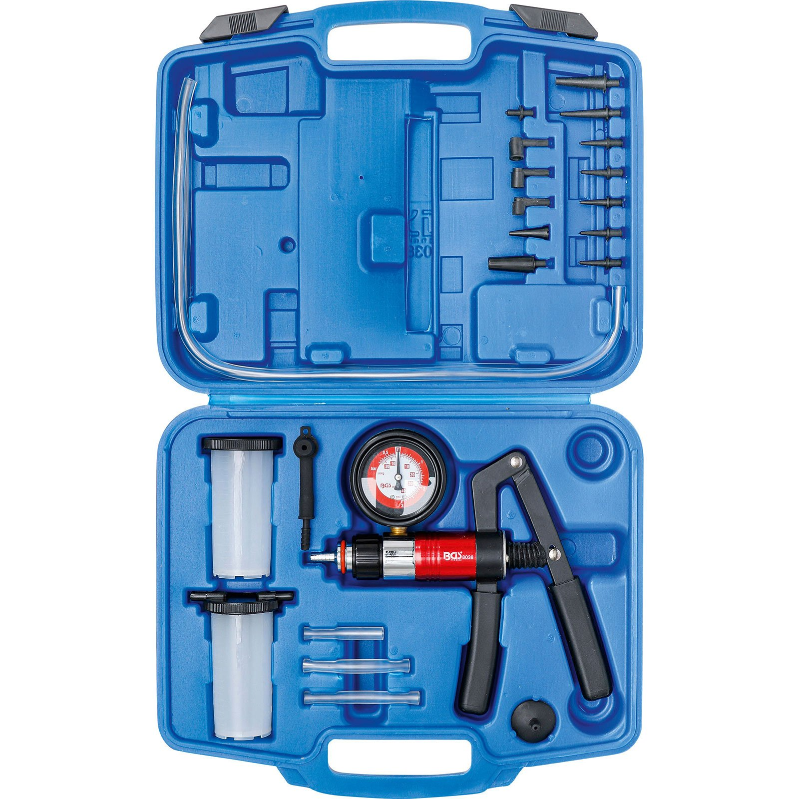Werkzeugkasten mit Vakuumprüfgerät, Behältern und Adaptern.