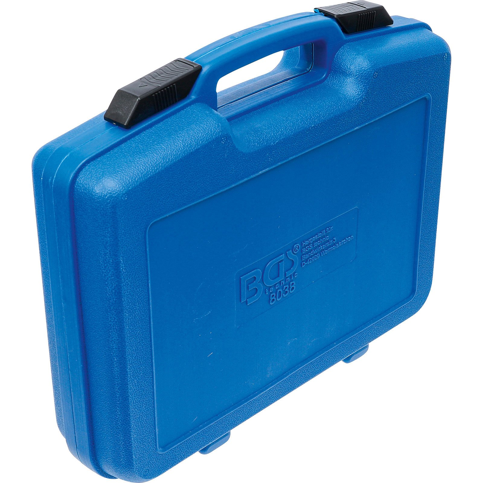 Ein blauer Werkzeugkoffer mit schwarzen Riegeln und Griff.