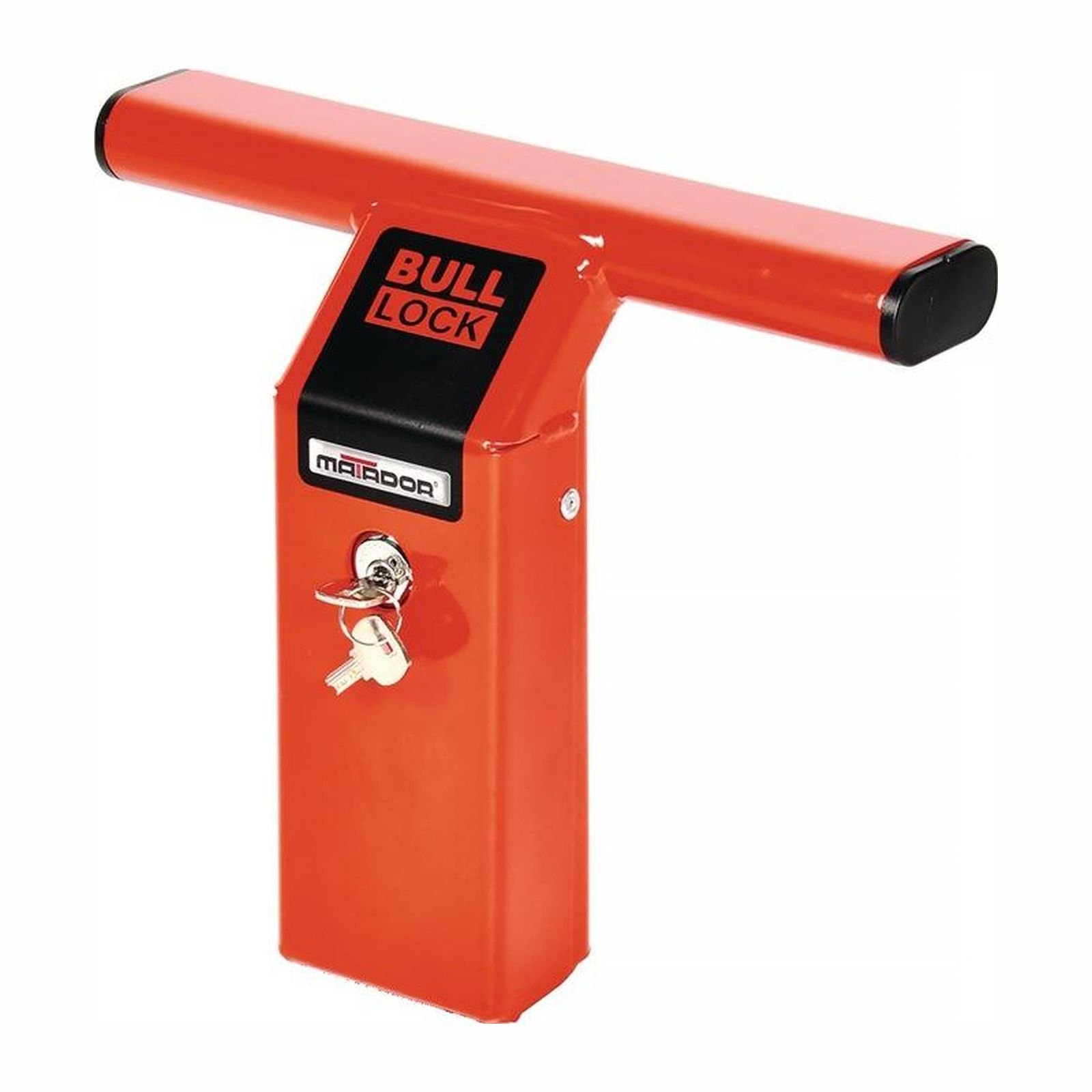 Ein rotes Bull Lock-Vorhängeschloss mit zwei Schlüsseln, das auf einer weißen Fläche steht.