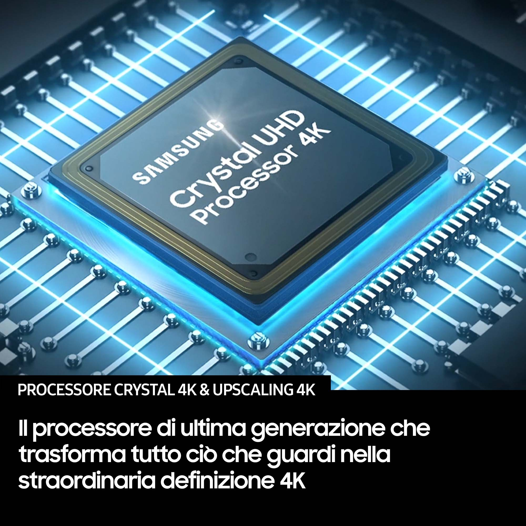 Processeur Samsung Crystal UHD 4K sur une carte de circuit imprimé avec lumières bleues.