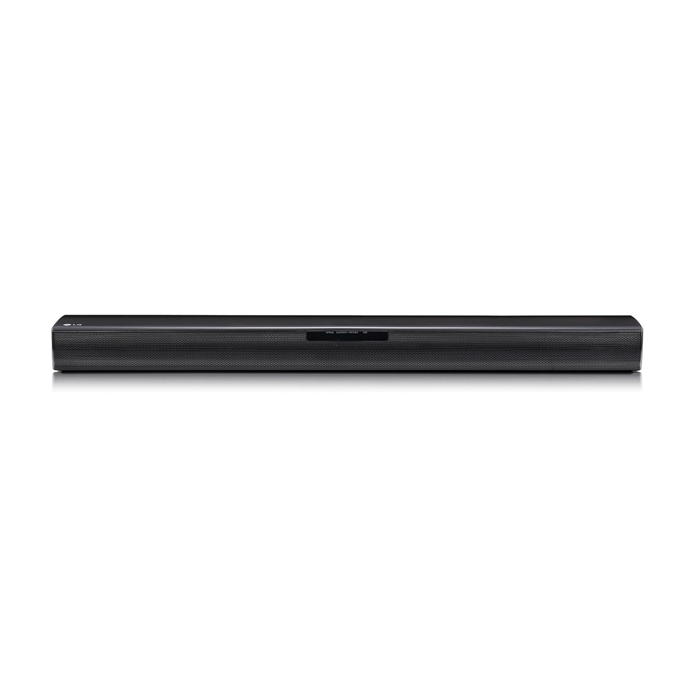 Soundbar LG nero con griglia metallica e display.