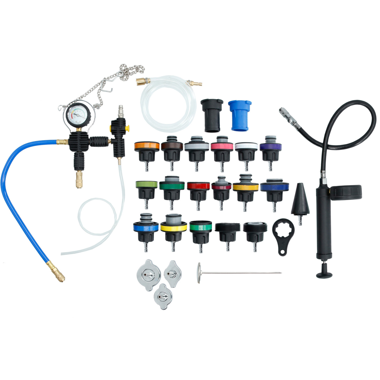 Ein Set von Kühlmittel-Tester-Adaptern mit Manometer, Schläuchen und verschiedenen farbigen Aufsätzen.