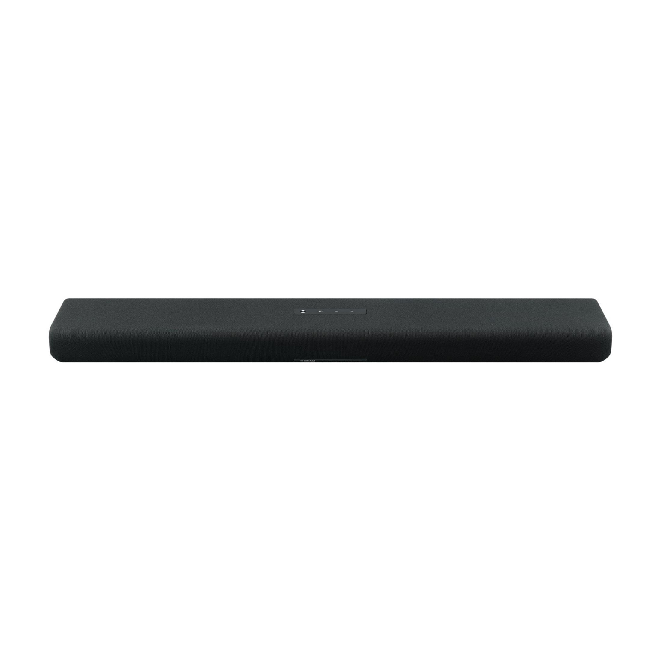 Black soundbar with control buttons on top and logo at the bottom.