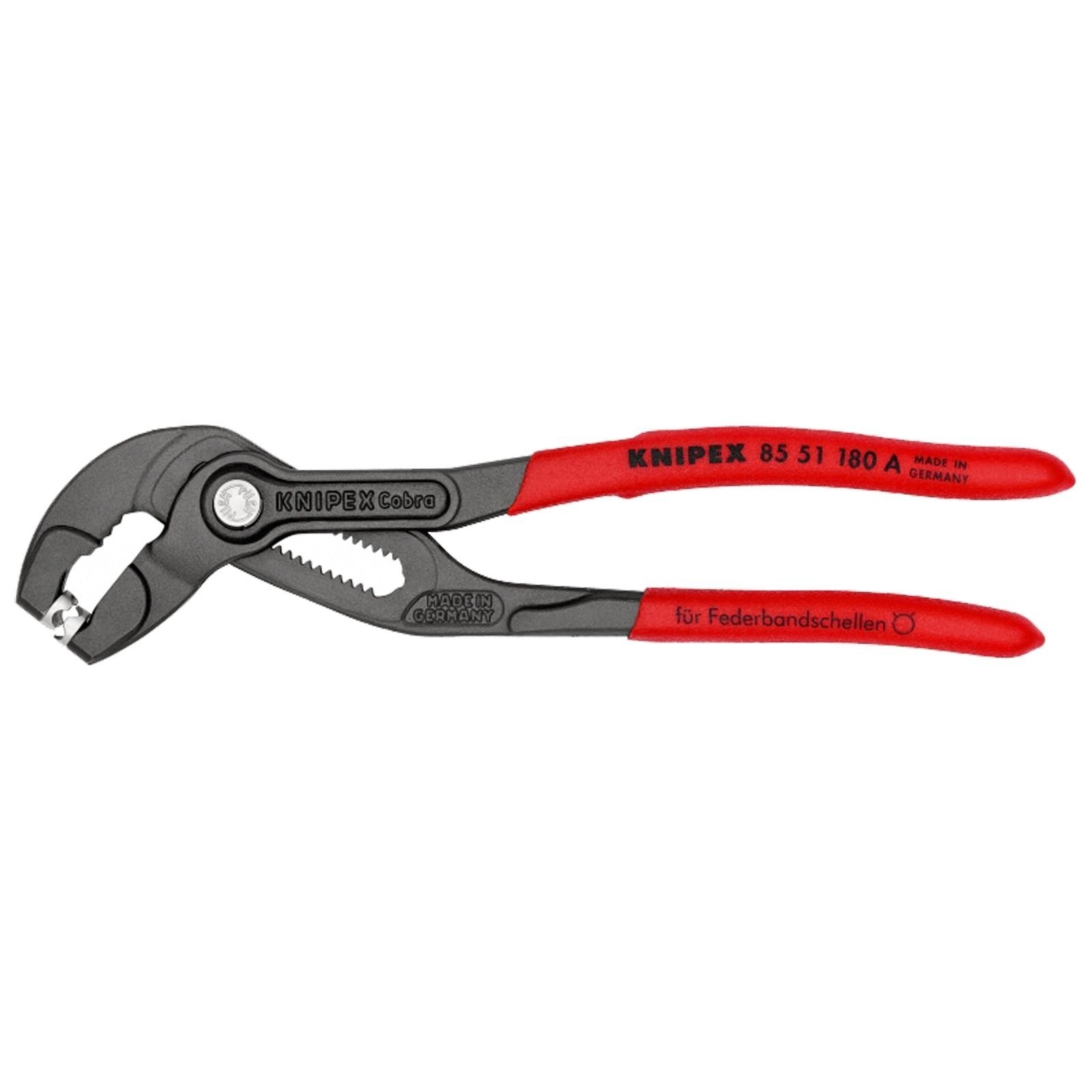 Zange mit roten Griffen und schwarzem Kopf, Beschriftung KNIPEX Cobra.