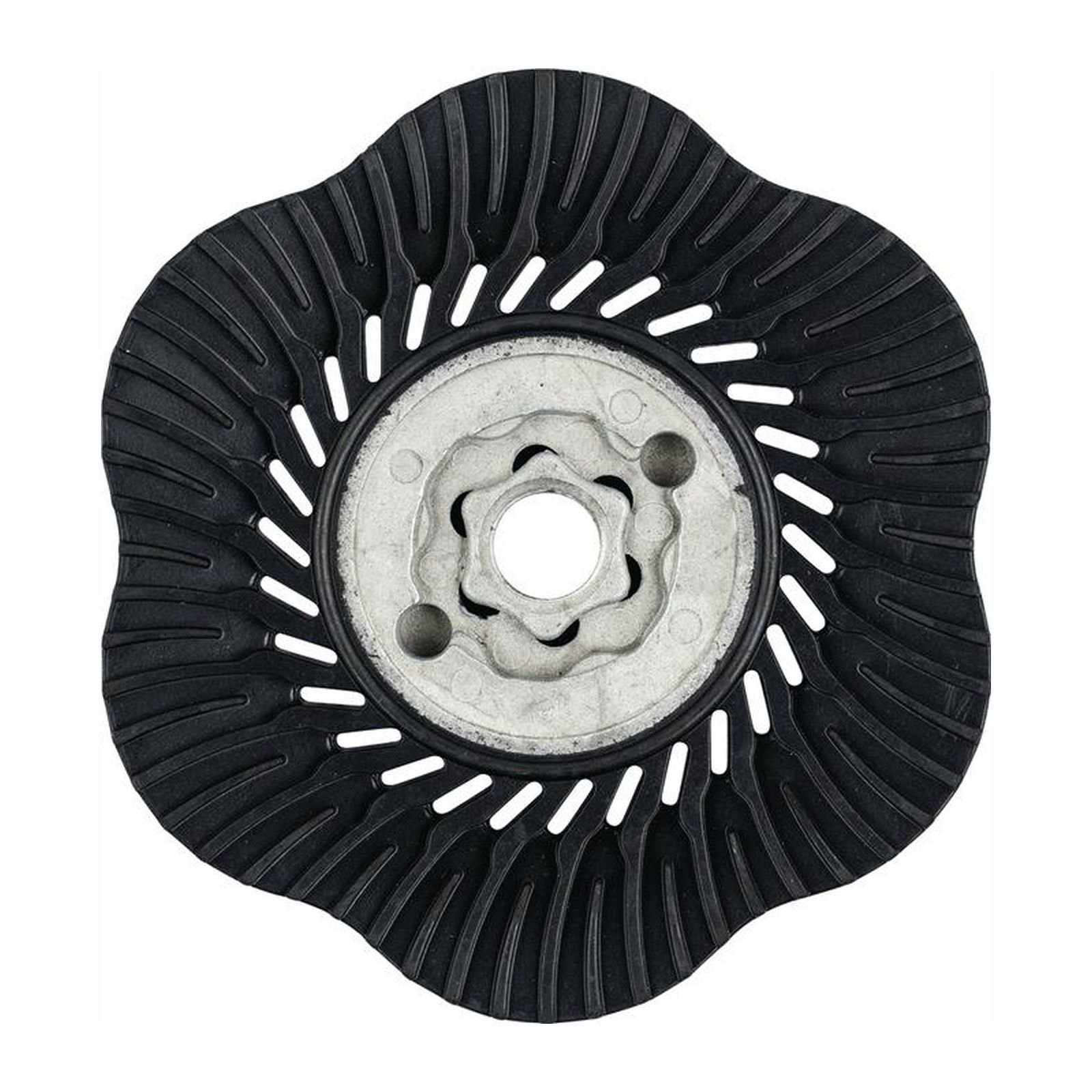 Schwarzes, sternförmiges Bauteil mit zentraler Metallnabe und Schlitzen.