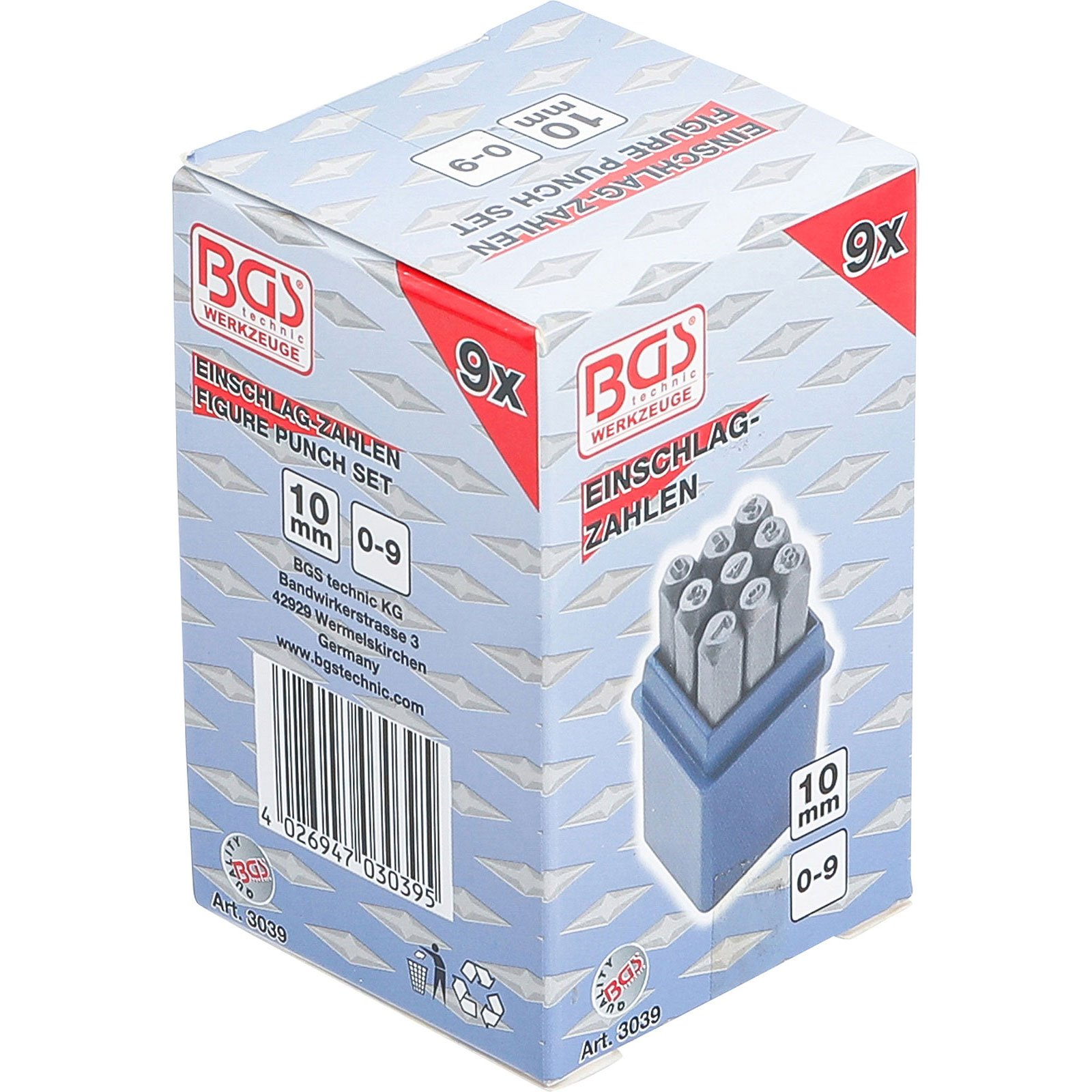 Verpackung für einen 10mm Zahlenstempel-Satz von BGS technic, Deutschland.